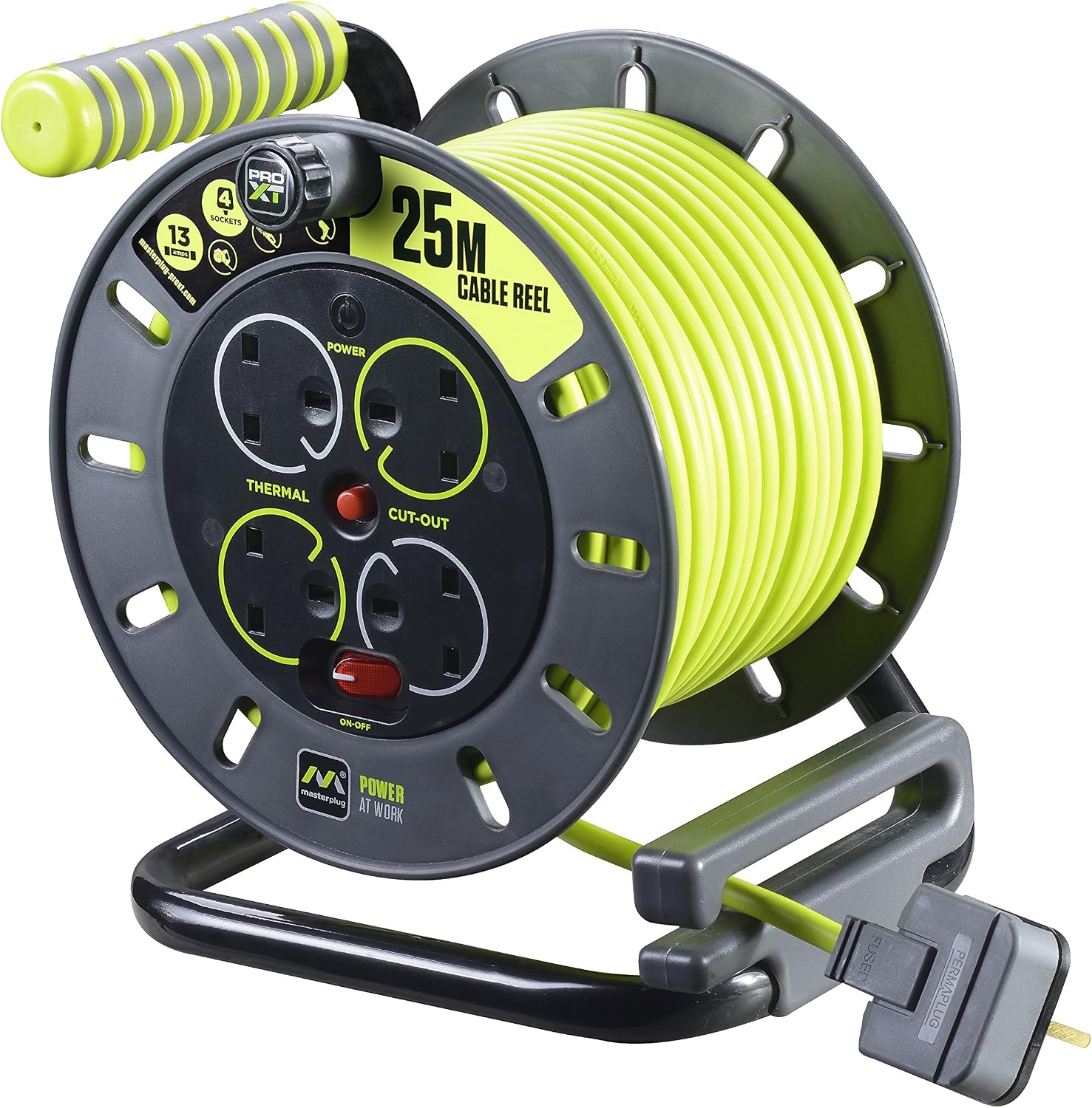 Masterplug Pro-XT Four Socket Open Cable Reel Extension Lead with Winding Handle, Thermal Cut Out and Power Switch