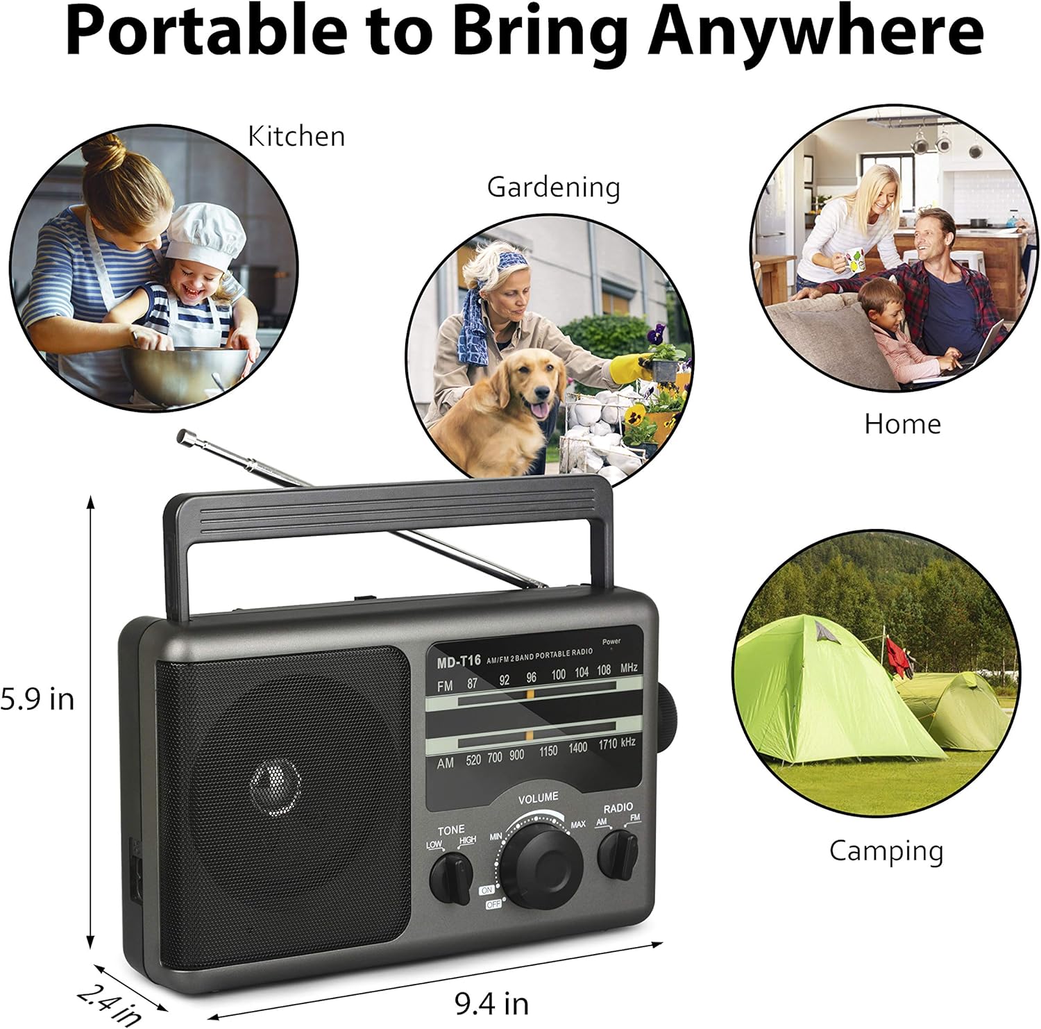 AM FM Portable Radio Transistor Radio with 3.5mm Earphone Jack, Hight/Low Tone Mode, Big Speaker, AC Power or Battery Operated by 4 D Cell Batteries for Home and Outdoor: Home Audio & Theater