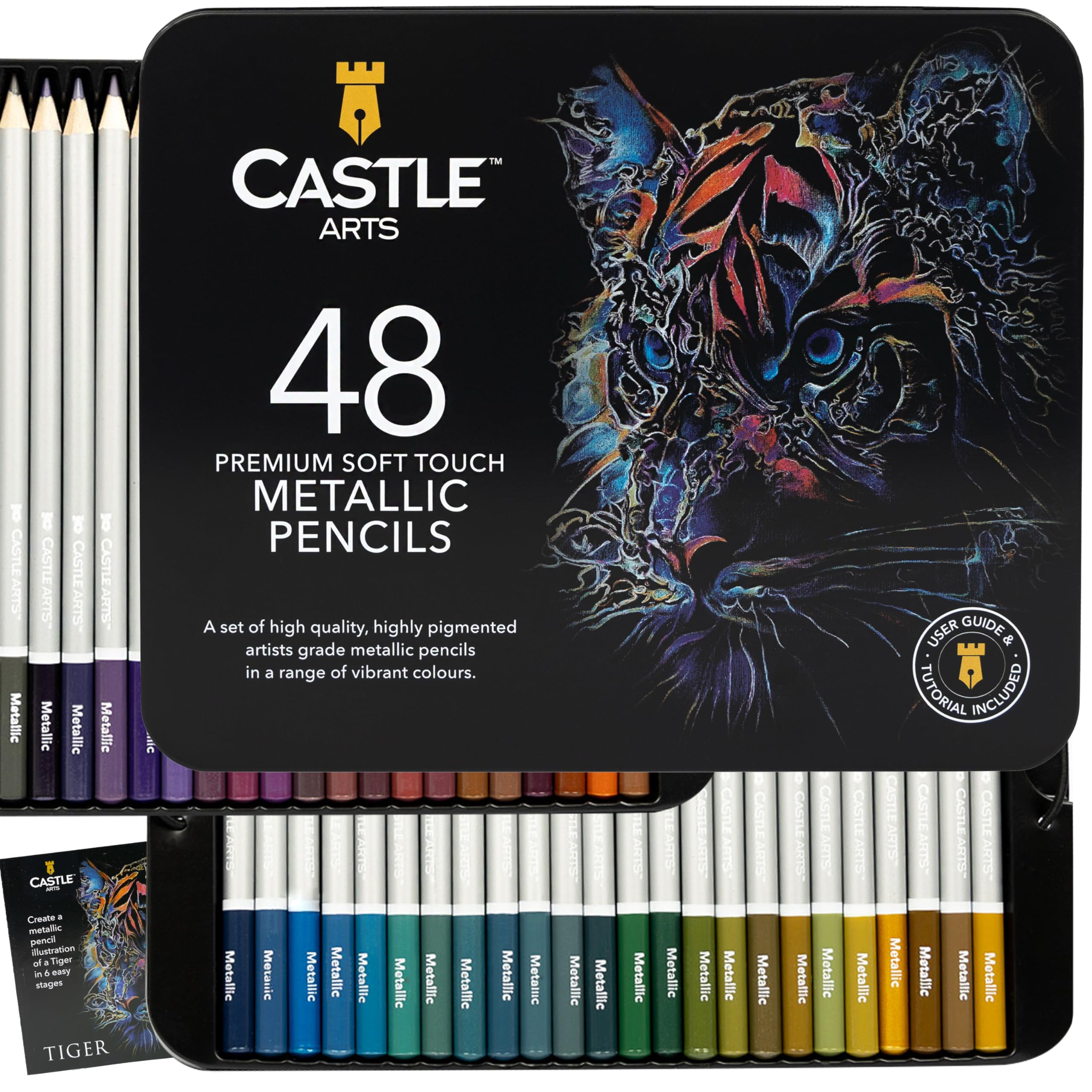 Castle Art Supplies Metallic Pencils Set | 48 Shimmering Shades with Premium Quality Wax Cores for Professional, Adult Artists and Colourists | Protected and Organised in Presentation Tin Box
