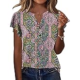 Rapbin Womens Short Sleeve Tops Ruffle V Neck Button Down Shirts Dressy Casual Tunic Blouses
