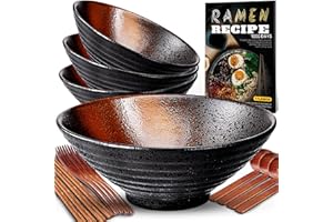 8-Inch Ceramic Ramen Bowl Set of 4 (17 Piece) - Porcelain Japanese Salad Noodles Cereal Fruit Pasta Soup Large Bowls with Rec