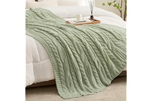 Amélie Home Sage Green Spring Throw Blanket Decorative Hollow Cable Knit Throw Blanket Soft Cozy Lightweight Farmhouse Throw Blankets for Couch Sofa Bedroom 50 x 60