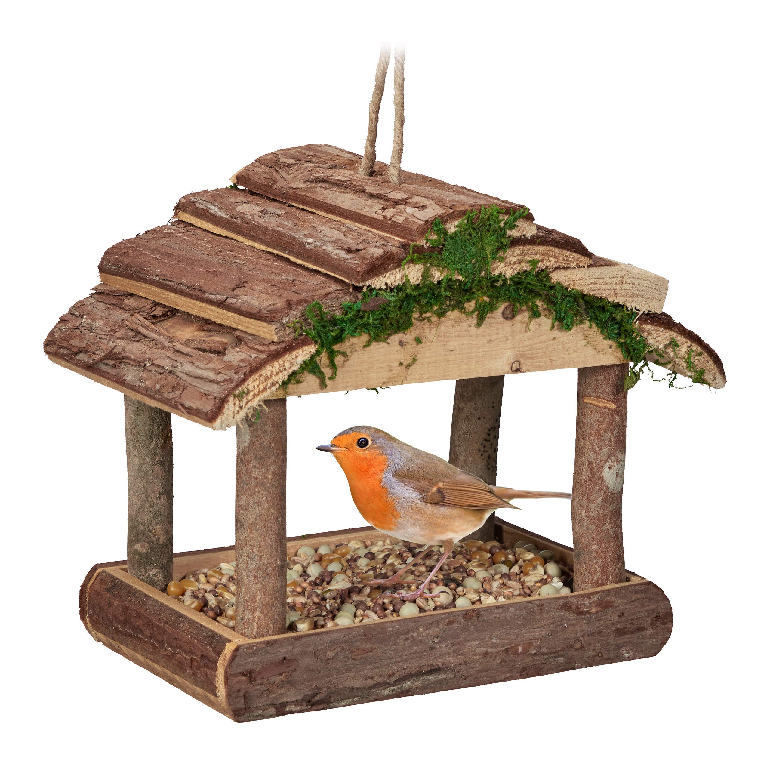 Relaxdays Hanging Wooden Bird Feeder, HWD: 19 x 22 x 16.5 cm, garden, feeder for small wild birds, natural