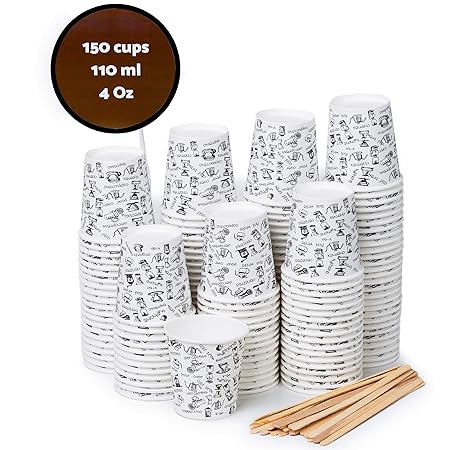 150 Espresso Pappebecher Coffee to Go 110 ml 4 Oz mit Holz Rührstäbchen