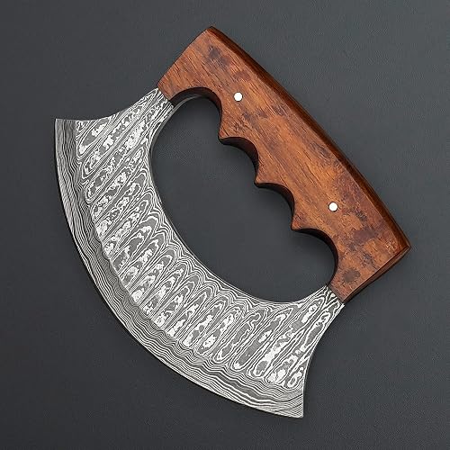 One Handed Rocker Damascus Ulu Knife With Sheath, Rocker Knife For One ...