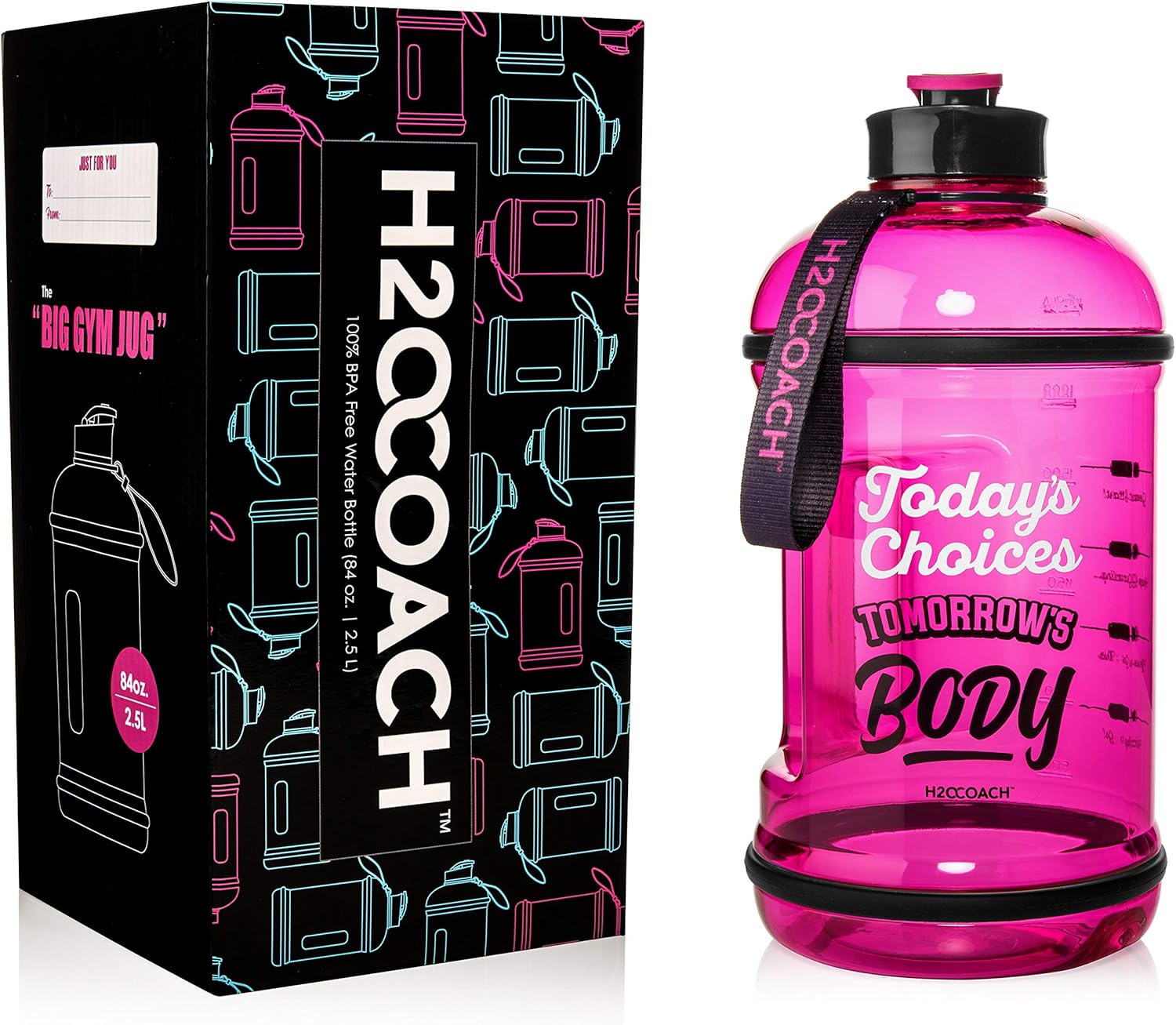 H2OCOACH Half Gallon Sports Water Bottle with Time Marker | Motivational 2.5 Liter, Reusable BPA Free Jug (84 oz)