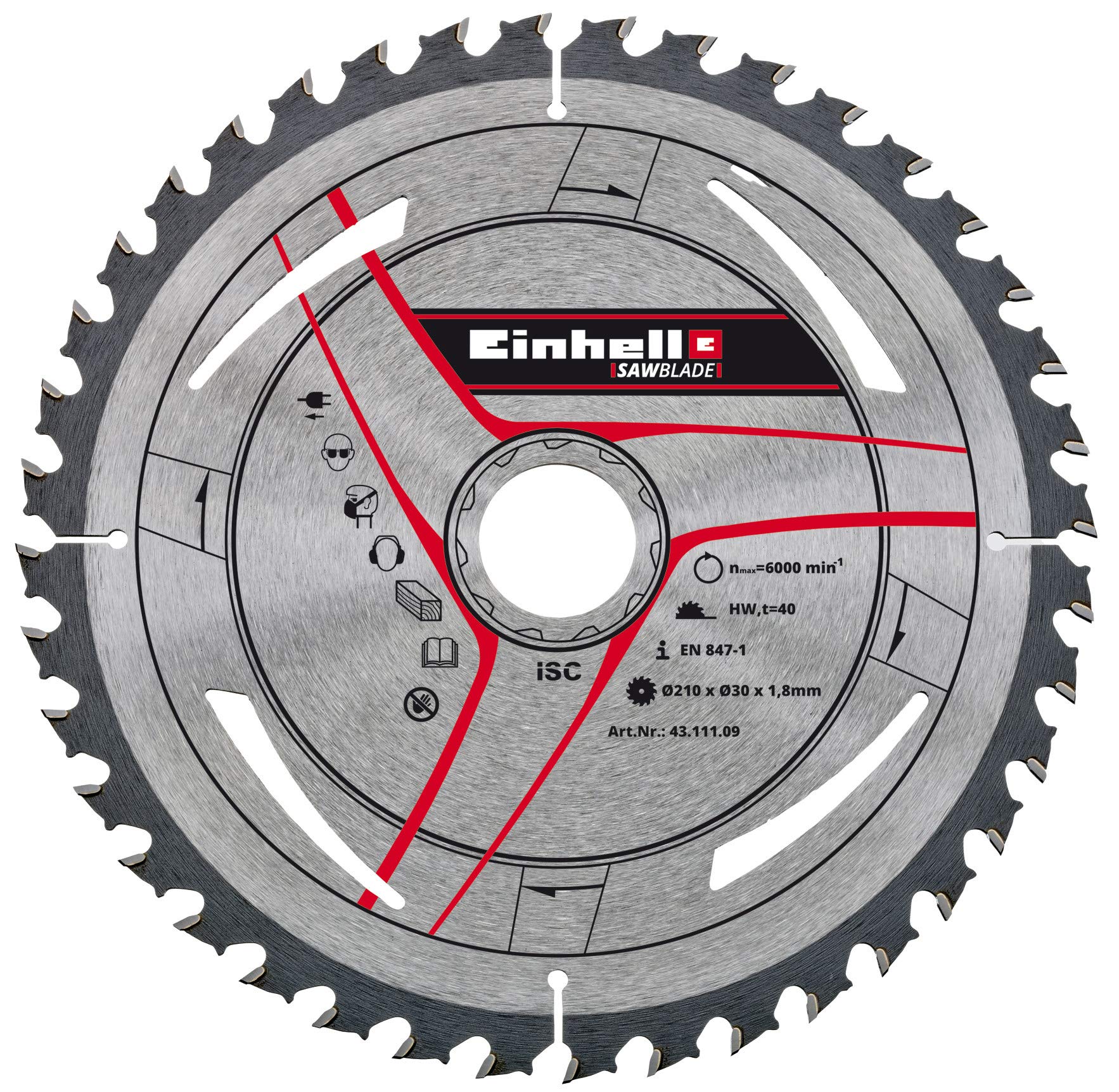 Einhell Carbide Thin Cutting Blade, 40 Teeth, 210 mm Diameter, 30 mm Bore, 1.8 mm Cutting Width, 6000 rpm, Model 4311109, Saw Blade