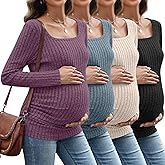 Sweetyweee 4 Pack Women's Maternity Ribbed Shirts Long Sleeve Square Neck Sweaters Casual Slim Side Ruched Pregnancy Clothes