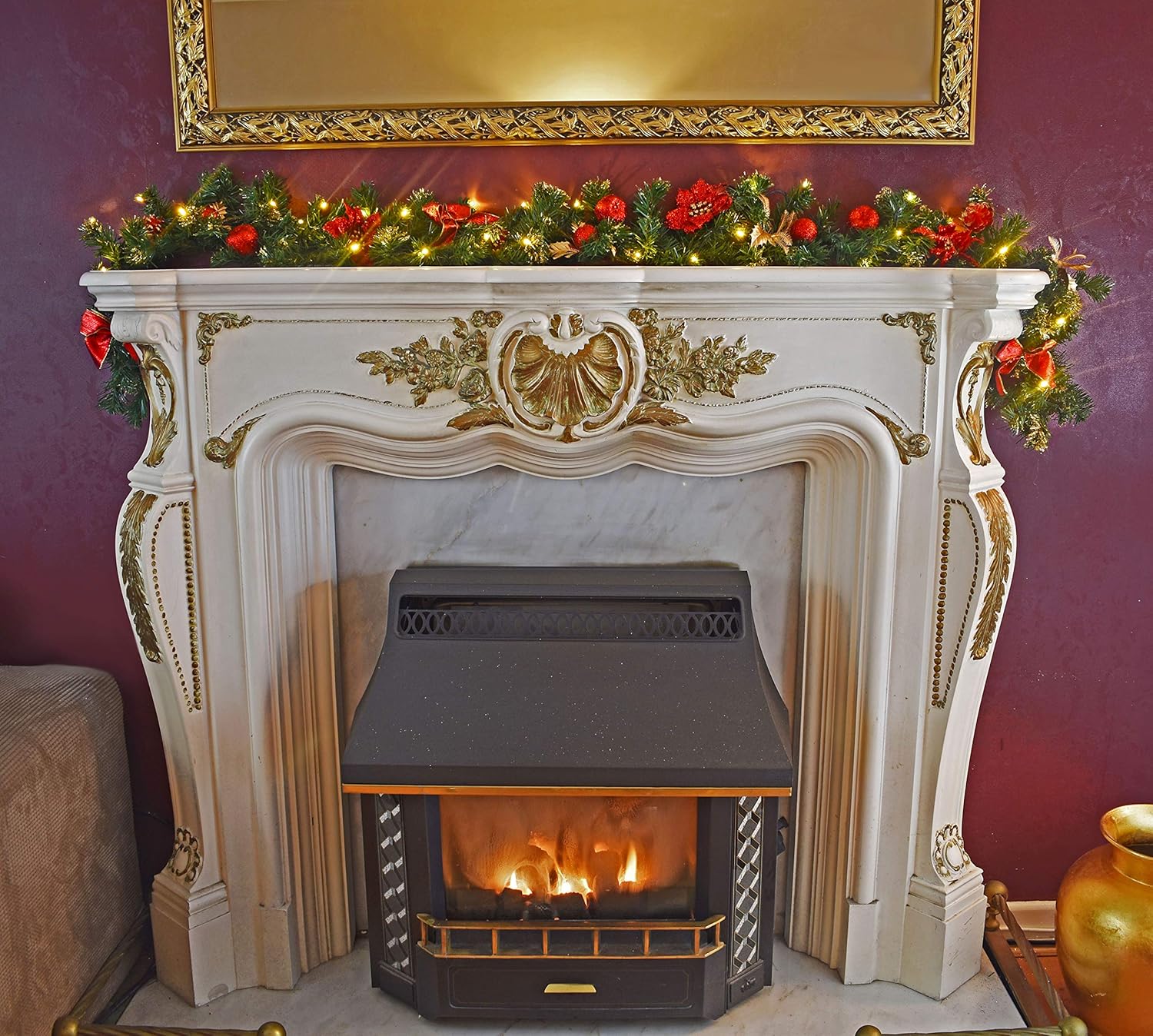 Your Home Online Pre Lit 1.8m Red Swag Fireplace Christmas Garland 6ft