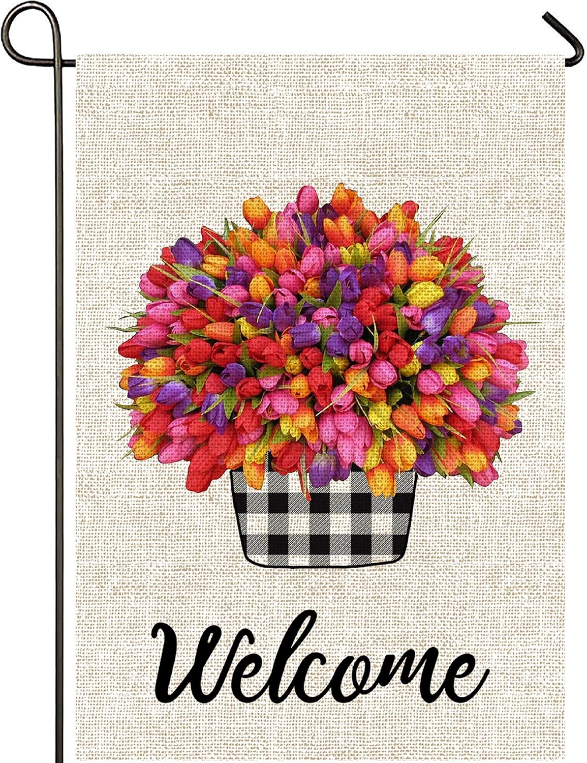 Mogarden Potted Tulips Garden Flag, Double Sided, 12.5 x 18 Inches, Buffalo Check Plaid Thick Weatherproof Burlap Spring Summer Yard Flag