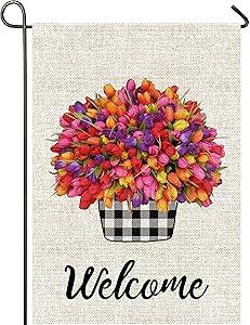 Mogarden Potted Tulips Garden Flag, Double Sided, 12.5 x 18 Inches, Buffalo Check Plaid Thick Weatherproof Burlap Spring Summer Yard Flag