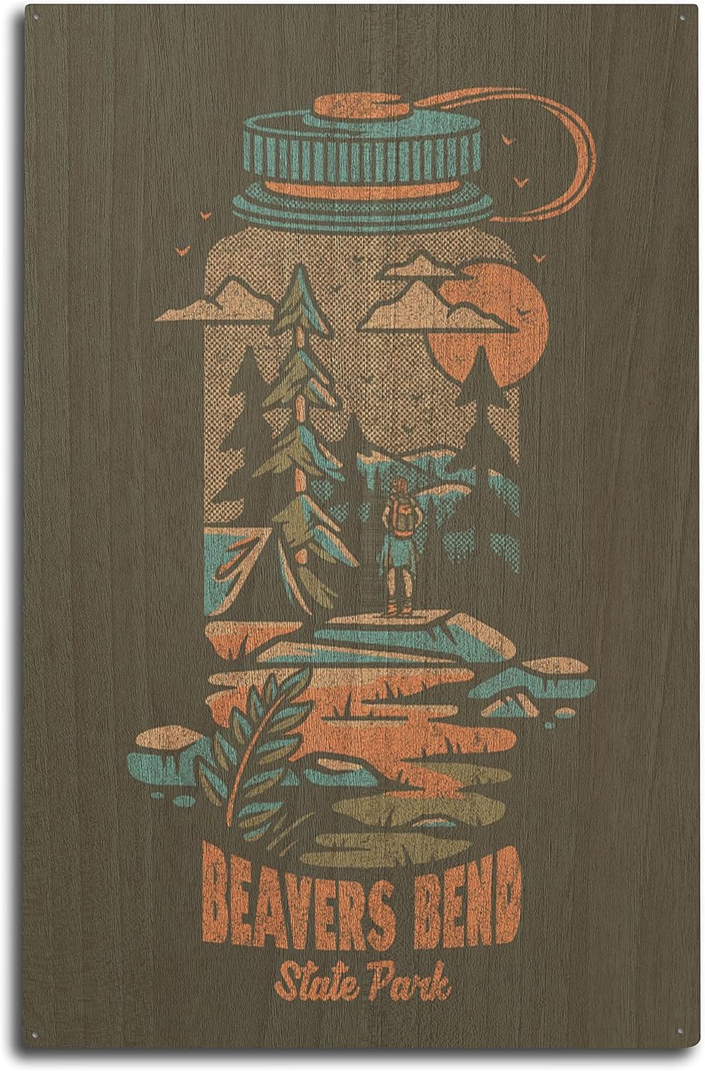 Lantern Press Beavers Bend State Park, Oklahoma, Water Bottle, Distressed Vector 113077 (10x15 Wood Wall Sign, Wall Decor Ready to Hang)