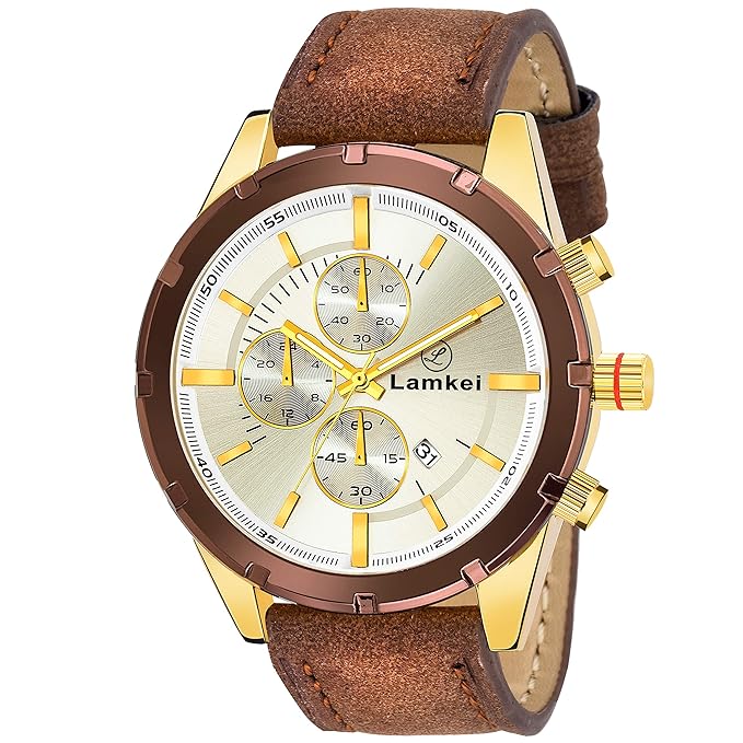 Imported Chronograph Display Silver Dial Brown Leather Strap Mens Watch  LMK-0049