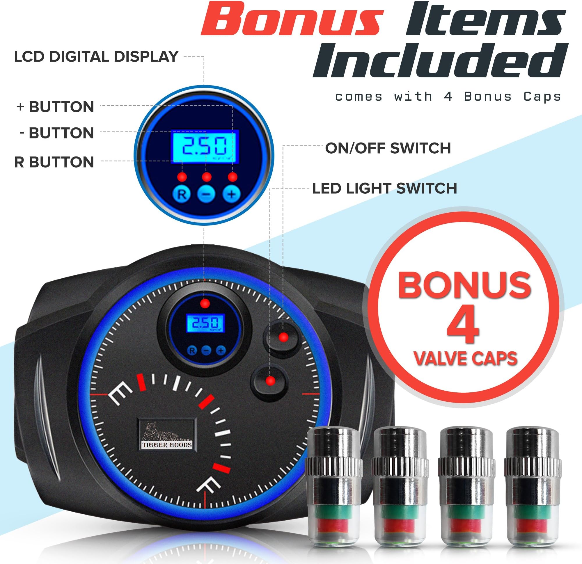 Portable Air Compressor Pump 150PSI 12V, Digital Tire Inflator, Auto Tire Pump with Led Lighting and Long Cable for Car - Bicycle - Motorcycle - Basketball and others, Auto ShutOff and BIG BONUS !
