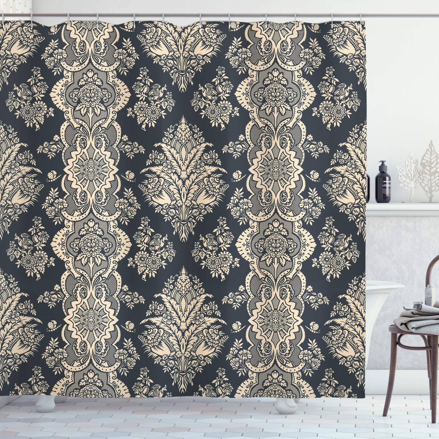 ABAKUHAUS Damask Shower Curtain, Victorian Style Baroque Classic Pattern with Ornamental Floral Leaves Image, Cloth Fabric Bathroom Decor Set with Hooks, 94 Inches, Charcoal Grey Cream