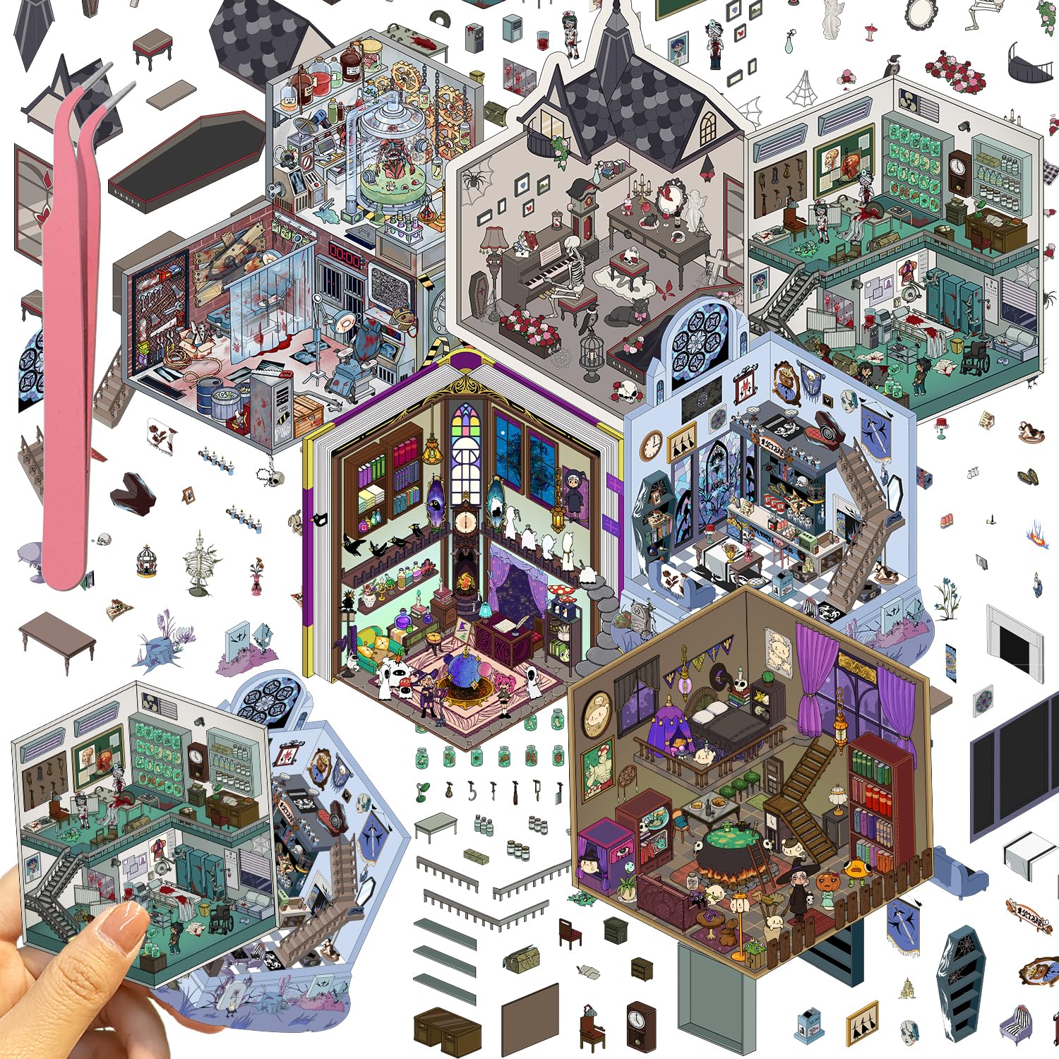 Photo 1 of 3D Magic House Sticker – 6 Sheets Creepy Hospital Witch Chainsaw Room | Therapy Stickers for Relaxation, Scrapbooking, Journaling | Gothic Halloween Isometric Scene Stickers for Teens & Adults
