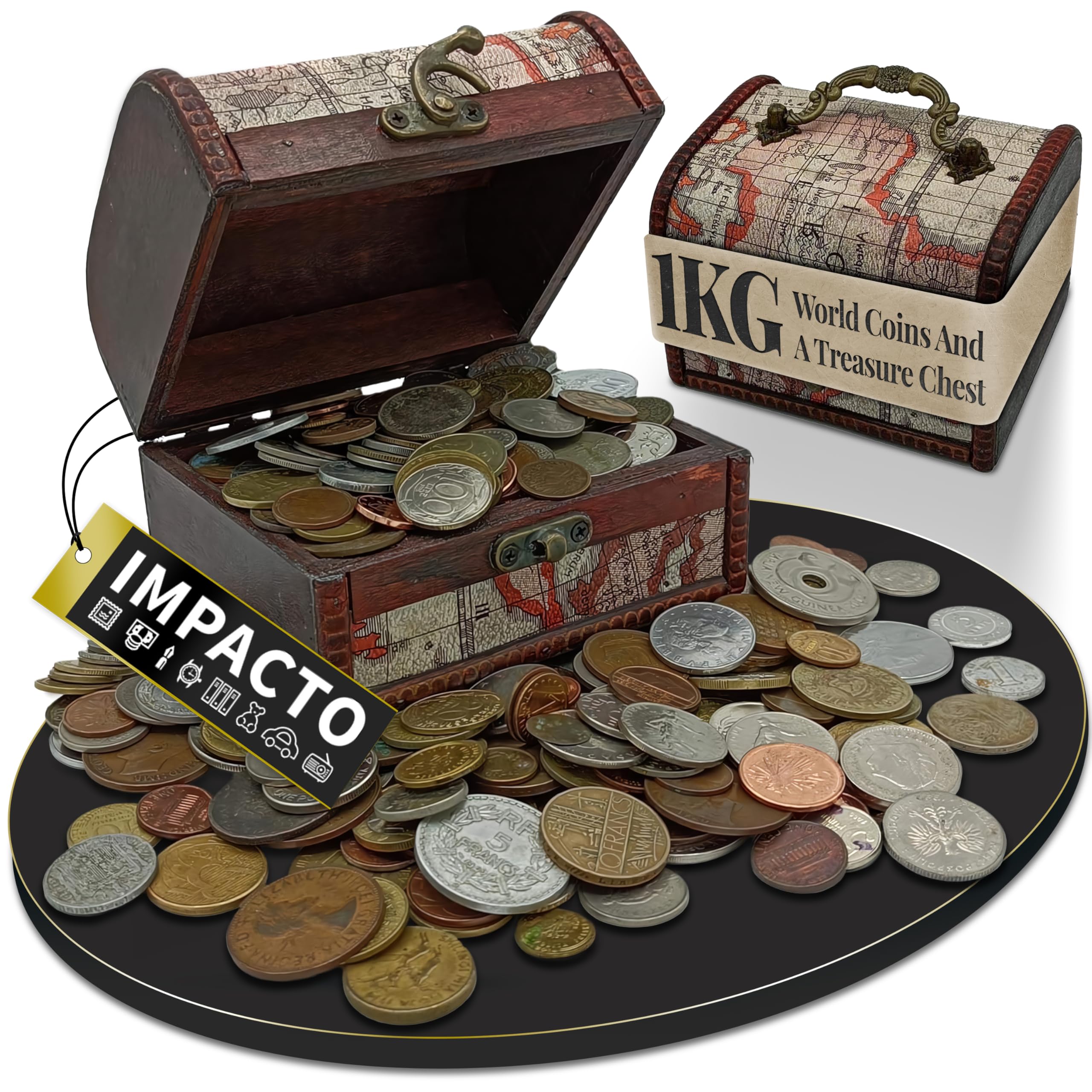 IMPACTO COLECCIONABLES Coin Collection - World Currency Treasure Chest with 1 kilo of Collectible Circulated Coins - 12 x 10 x 9 Decorative Wooden Box - Antique Coins for Collectors (COA Included)