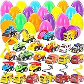 JOYIN 24 Pcs Filled Easter Eggs with Pull Back Construction Cars, Prefilled Easter Egg with Vehicle for Kid Boys, Basket Stuffers/Fillers, Party Favor, Classroom Prize Supplies