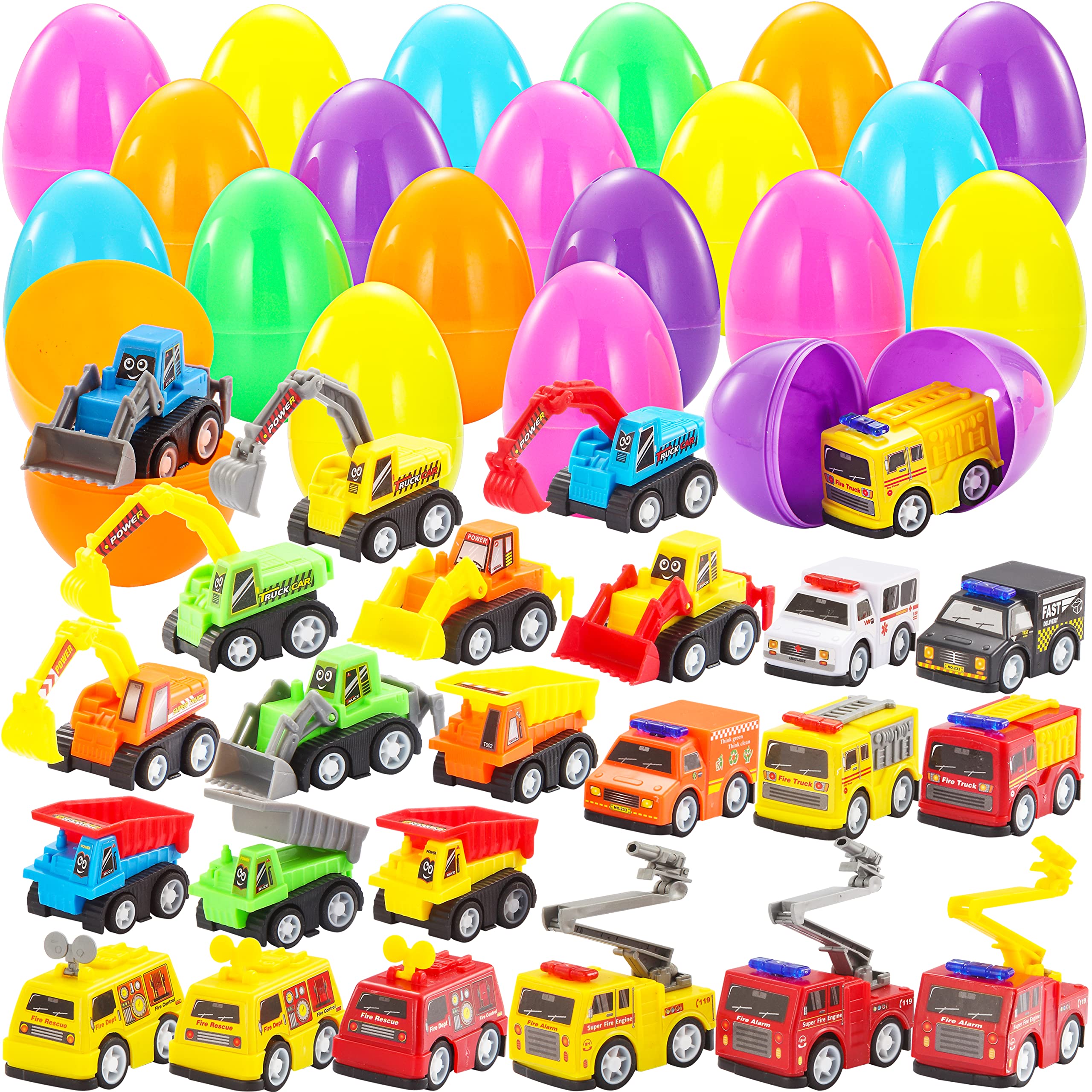 JOYIN 24 Pcs Filled Easter Eggs with Mini Pull Back Construction Cars for Kids Boys, Plastic Easter Eggs Engineering Car Toys for Easter Egg Hunt Easter Party Favor Easter Gift for Kids