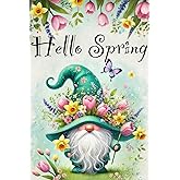 BlissYard Hello Spring Gnome Garden Flag Double Sided 12x18 Flag Spring Gnome Garden Yard Flags for Springs Summer Rustic Seasonal Outside Outdoor House Decoration Farmhouse Holiday Decors