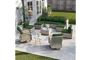 SWEECCI 12-Piece Patio Furniture Set, Outdoor Patio Furniture with Swivel Chairs Set, Ottomans, Modular Patio Sofa, Dual-Strand Wicker Rattan, Rust-Resistant Frame, Dark Green