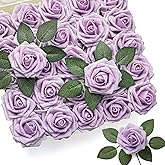 Mocoosy 50Pcs Rose Artificial Flowers, lavender Fake Roses for Decorations, Purple Foam Fake Flowers with Stem for DIY Wedding Bouquet Bridal Shower Valentine's Day Floral Arrangement Party Home Decor