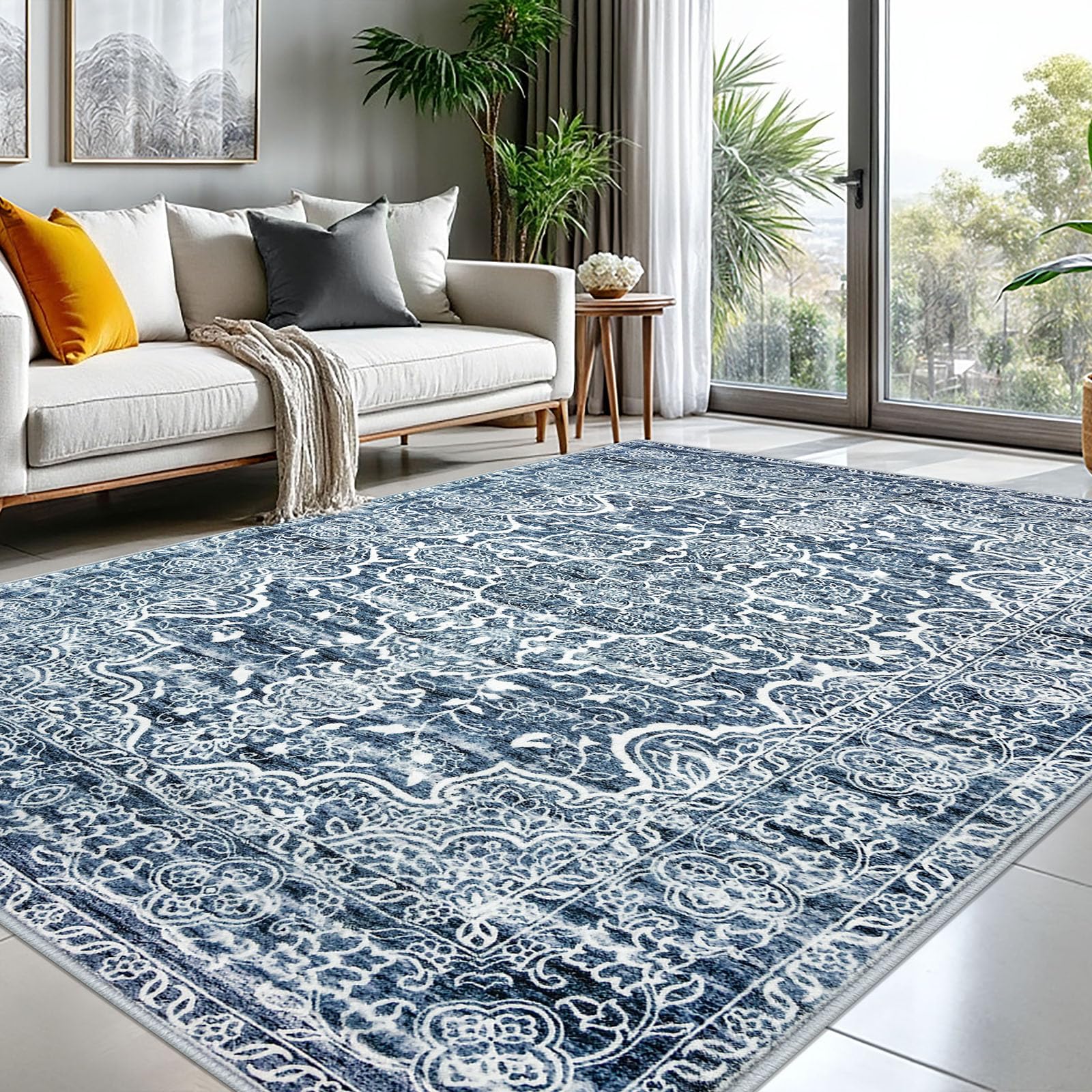 KUTA Vintage 8x10 Area Rugs for Living Room, Washable Large Rug for Bedroom 8ft x 10ft Non-Slip, Blue White Ultra Soft Printed Traditional Floral Medallion Distressed Dining Room Low-Pile Carpet Image