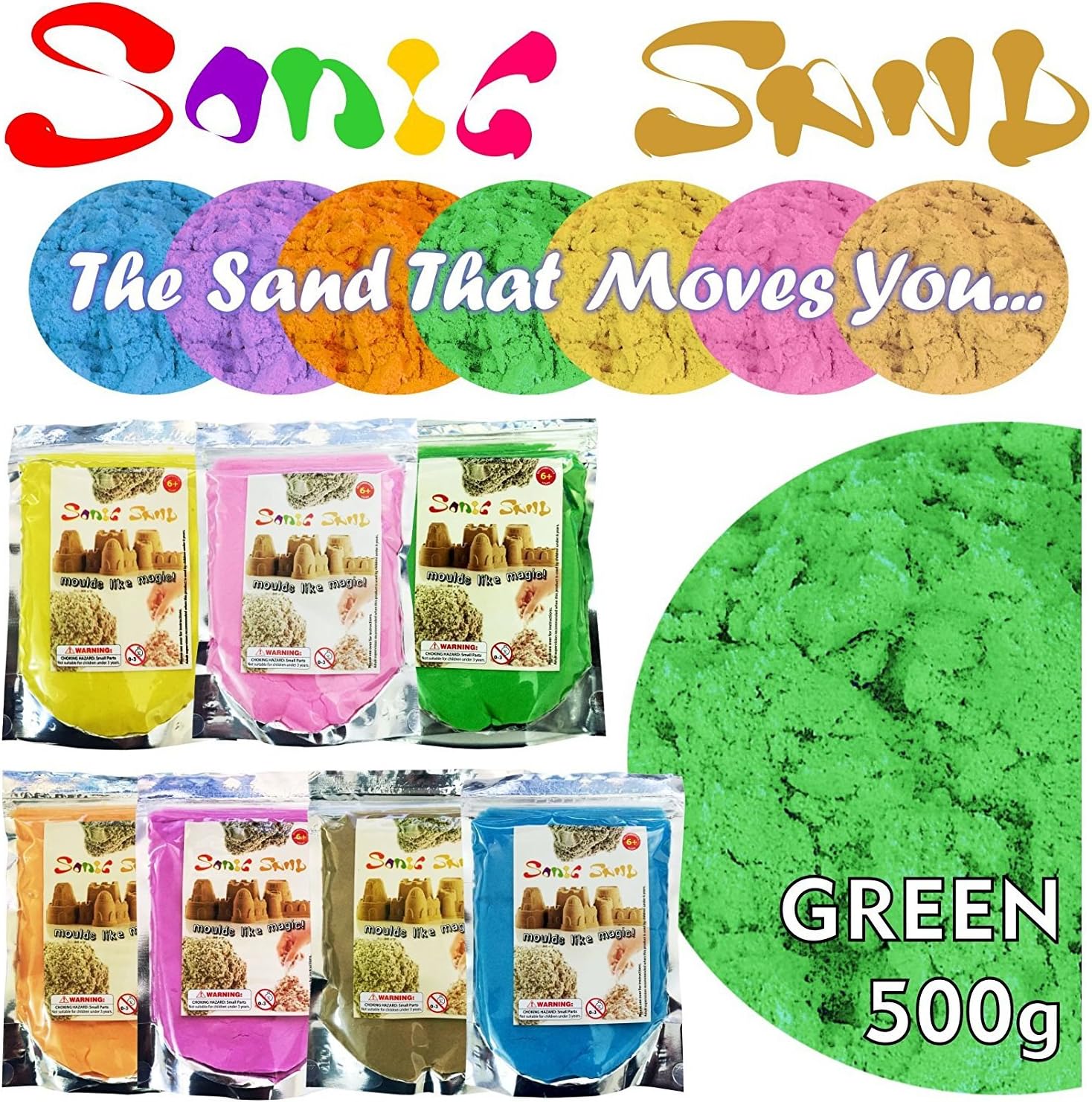 a2b SONIC SAND - 500G FOIL BAGS - MULTI COLOURS - Moulds like Magic - Imagine, Create, Build, Play, Fun for Kids (GREEN)