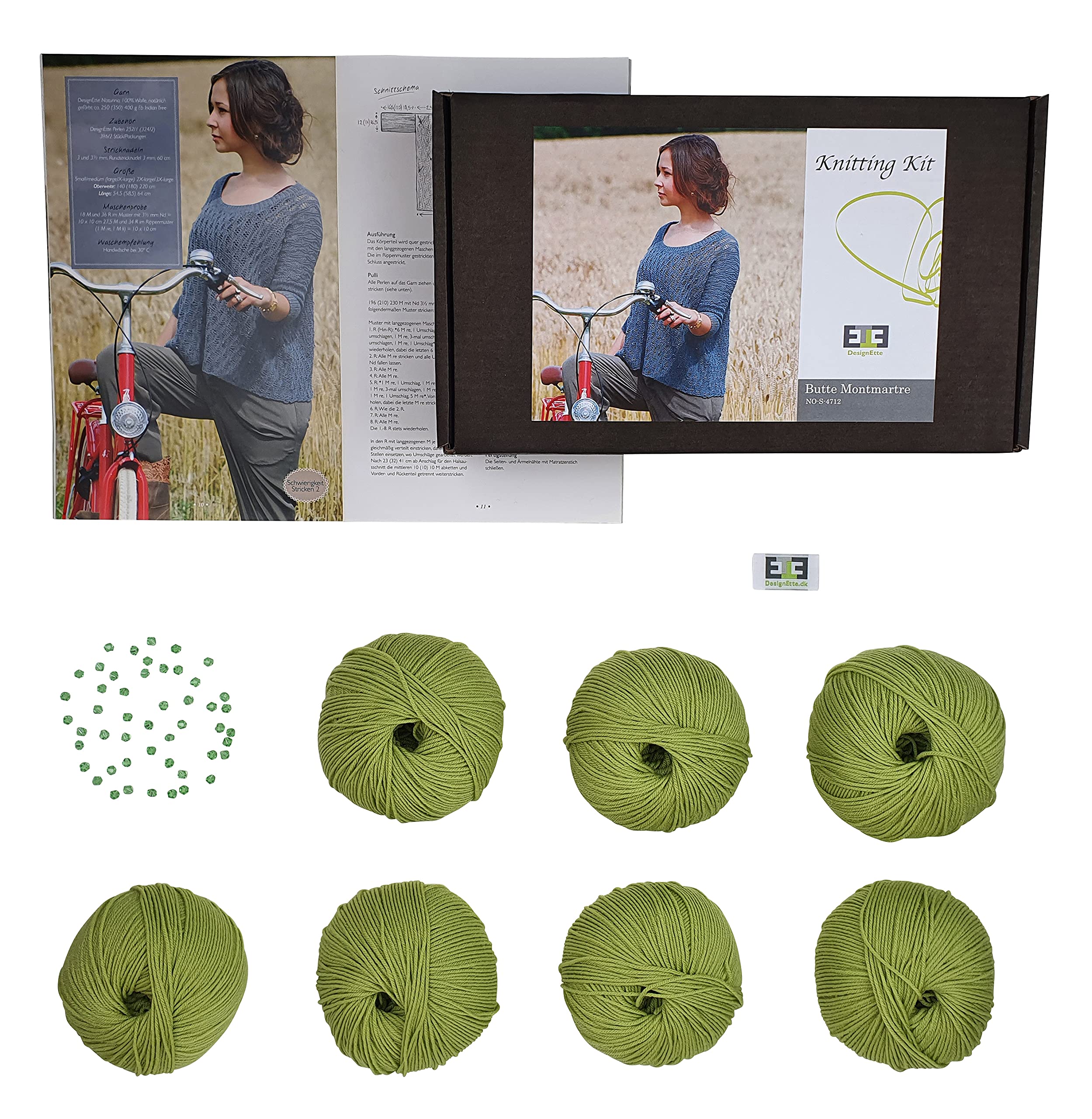 DesignEtte Jumper Beginner Butte Montmartre Chunky Knitting Wool Kit Adults Merino Yarn Balls and Pattern Set in a Box 50g≈240m/4ply Light Green, L-XL
