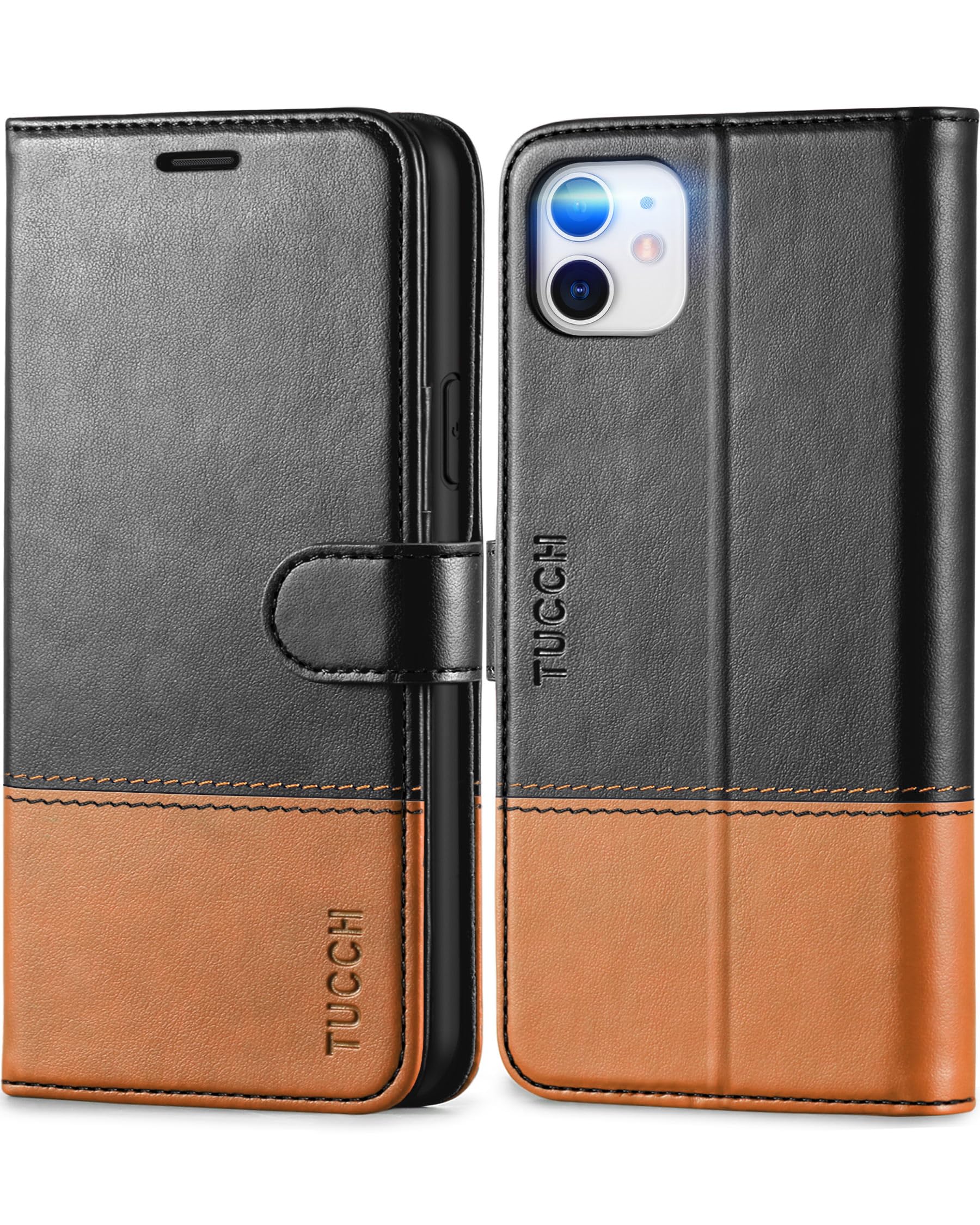 TUCCH Wallet Case for iPhone 11 (6.1"), iPhone 11 PU Leather Case, Magnetic Protective Stand Foldable Cover with[Shockproof TPU][RFID Blocking][Card Holders] Compatible with iPhone 11, Black&Brown — image 1