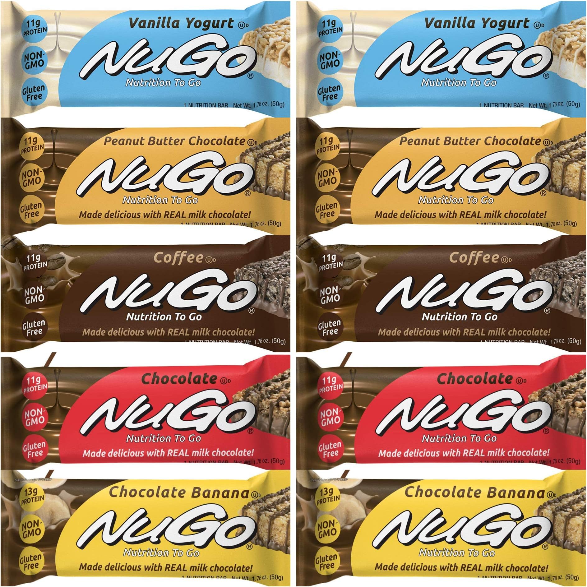 NuGo Nutrition protein Bar, Gluten Free Low Fat, Plant-based Protein, Variety 5 Flavors, Peanut Butter Chocolate, Coffee, Chocolate, Chocolate Banana, Vanilla Yogurt, 1.76-Ounce Bars, 10 Pack