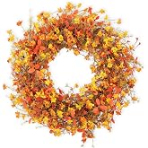 22 Inch Fall Wreaths for Front Door Boho Fall Wreath Autumn Wreath | Boho farmhouse fall wreath with orange and yellow wildflowers for front doors, walls, windows, entryways and mantels decor