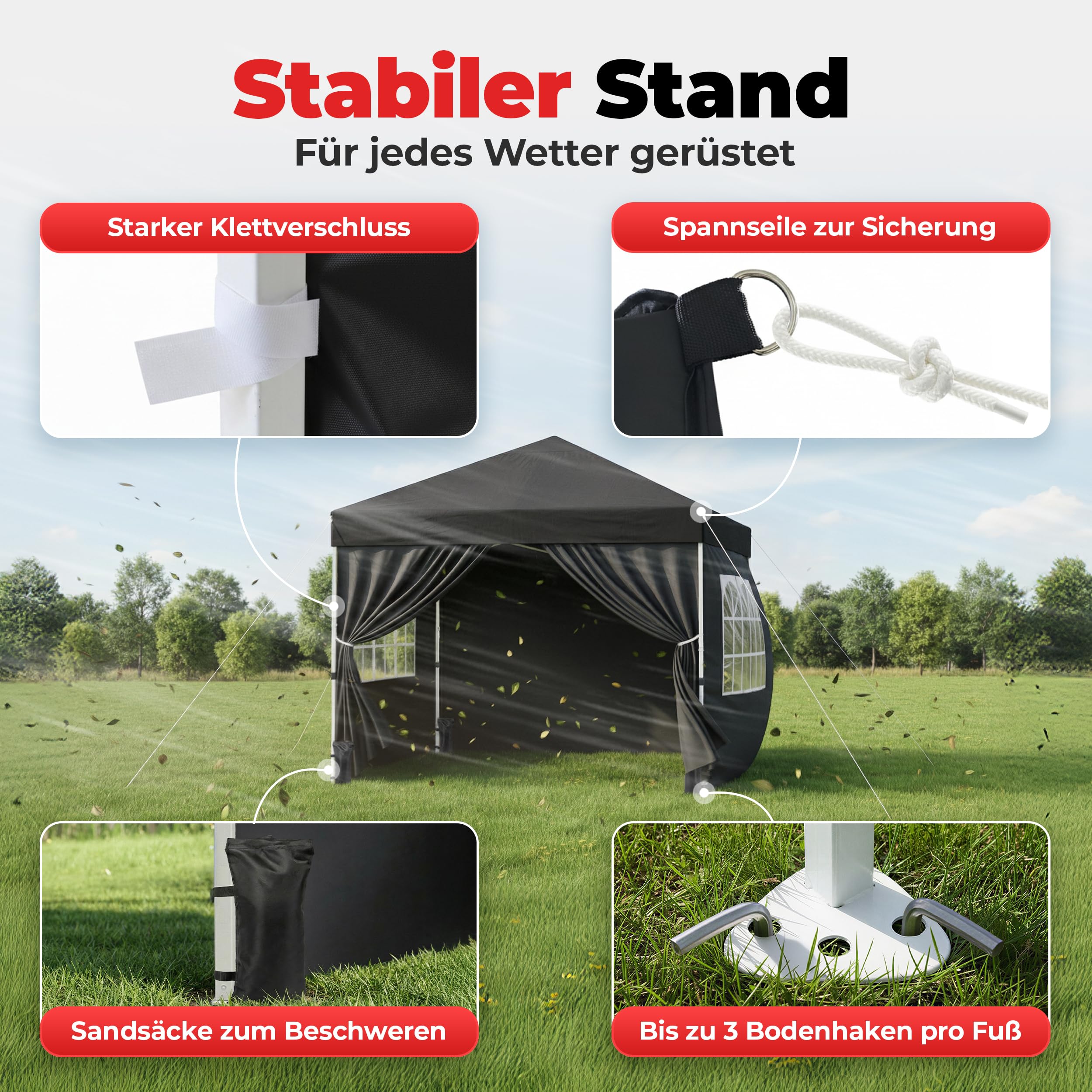 ONBEST Faltpavillon 3x3m Pop Up Pavillon mit Sandsäcken – Patentierte expressaufbau Funktion - wasserabweisend & stabil - Metall Partyzelt mit Seitenwänden für Garten, Terrasse & Outdoor (Schwarz) 5