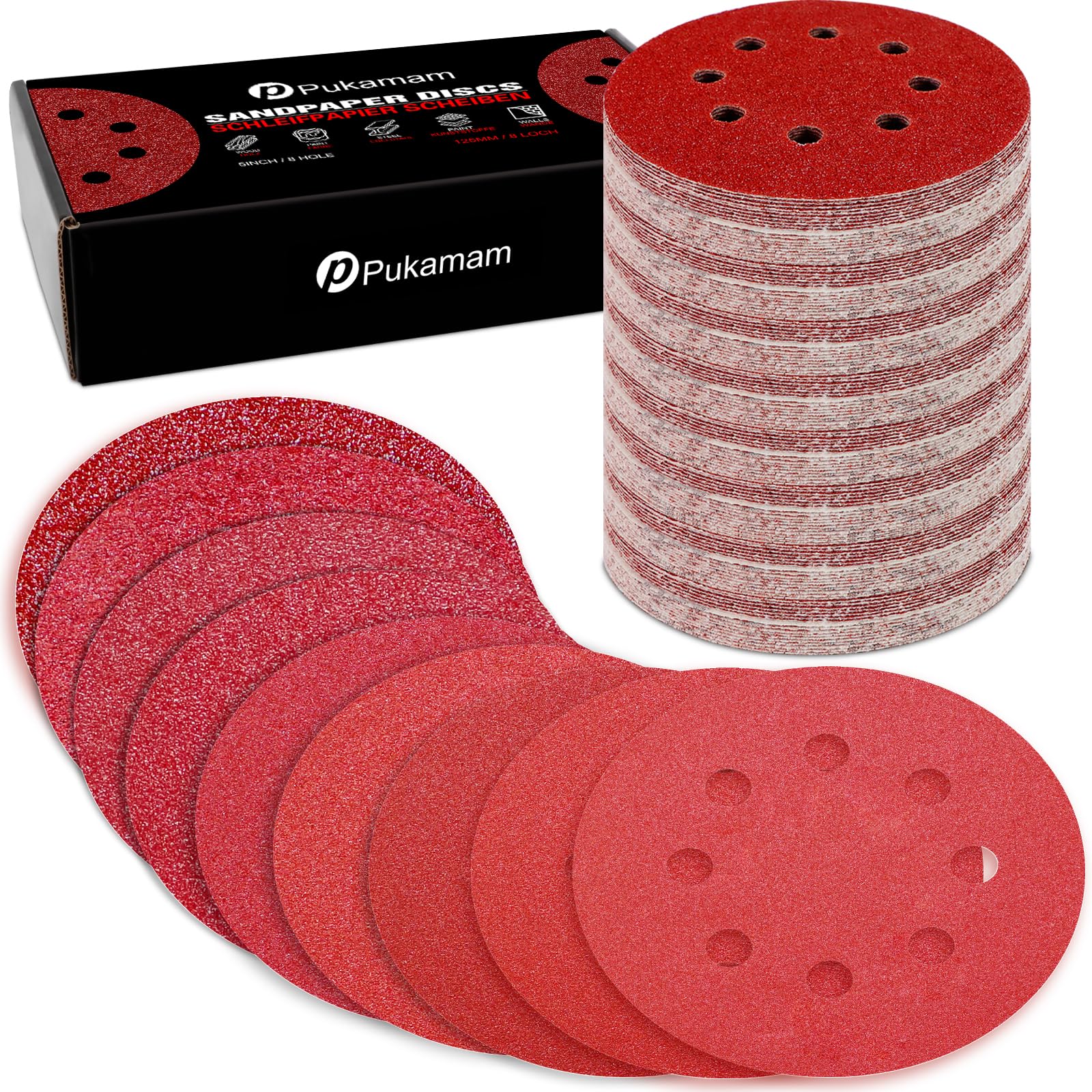 Photo 1 of Pukamam 170 Pcs 5 inch Sanding Discs 40 60 80 120 180 240 320 400 600 Grit 8 Hole Hook and Loop Round Sandpaper for Random Orbital Sander