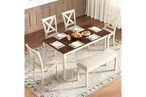 AMERLIFE 6-Piece Farmhouse Dining Table Set, 60'' Solid Wood Table with 4 Upholstered Chairs and Bench, Comfortable Seating for 6, for Kitchen or Dining Room, Rustic White & Walnut Finish