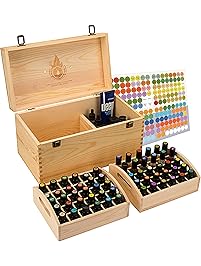 Essential Oil Box - Wooden Storage Chest With Handle & 2 Removable Trays. Holds 60 Bottles. Extra Space For Larger Items. Large Case Best For Keeping Your Oils Safe. Free EO Labels