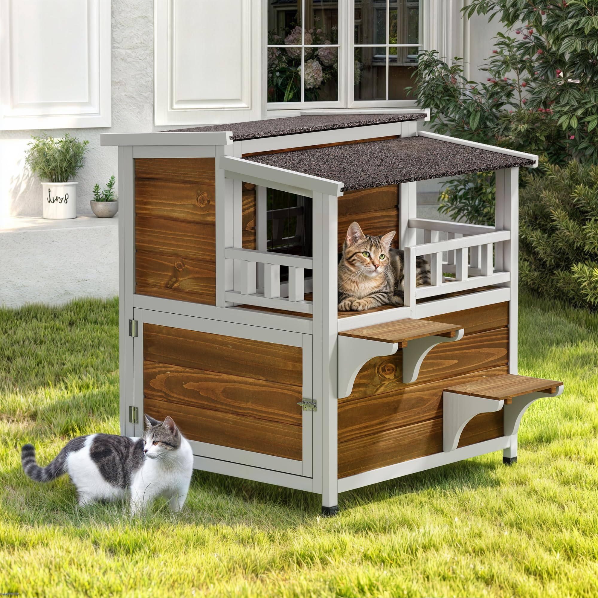 YITAHOME Two Story Outdoor Cat House with Balcony, Large Feral Villa ...