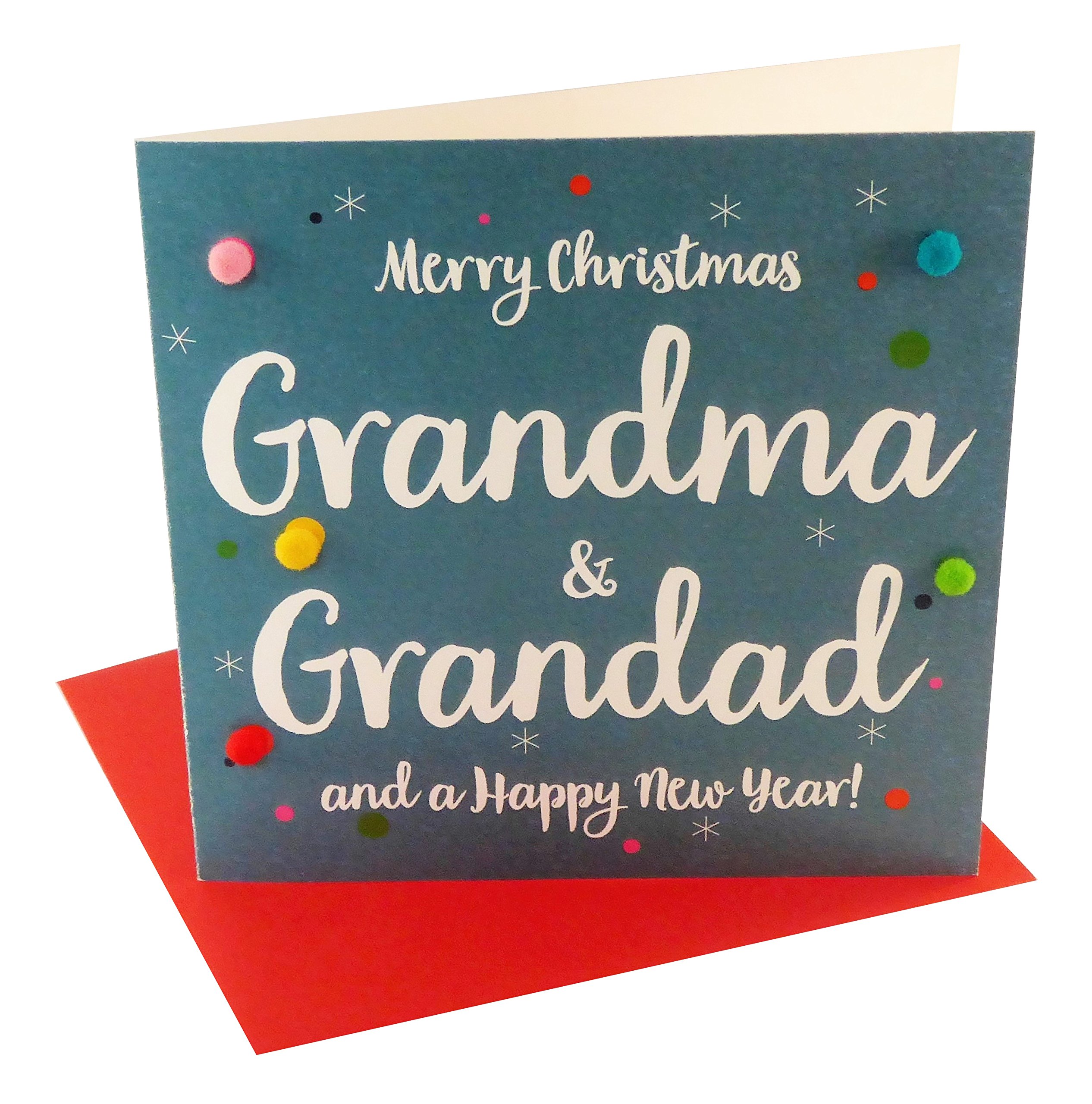Claire Giles Greeting Cards, Happy Christmas Grandma and Grandad Card, Dotty design xmas Greeting Card, Embellished with Colourful Pompoms
