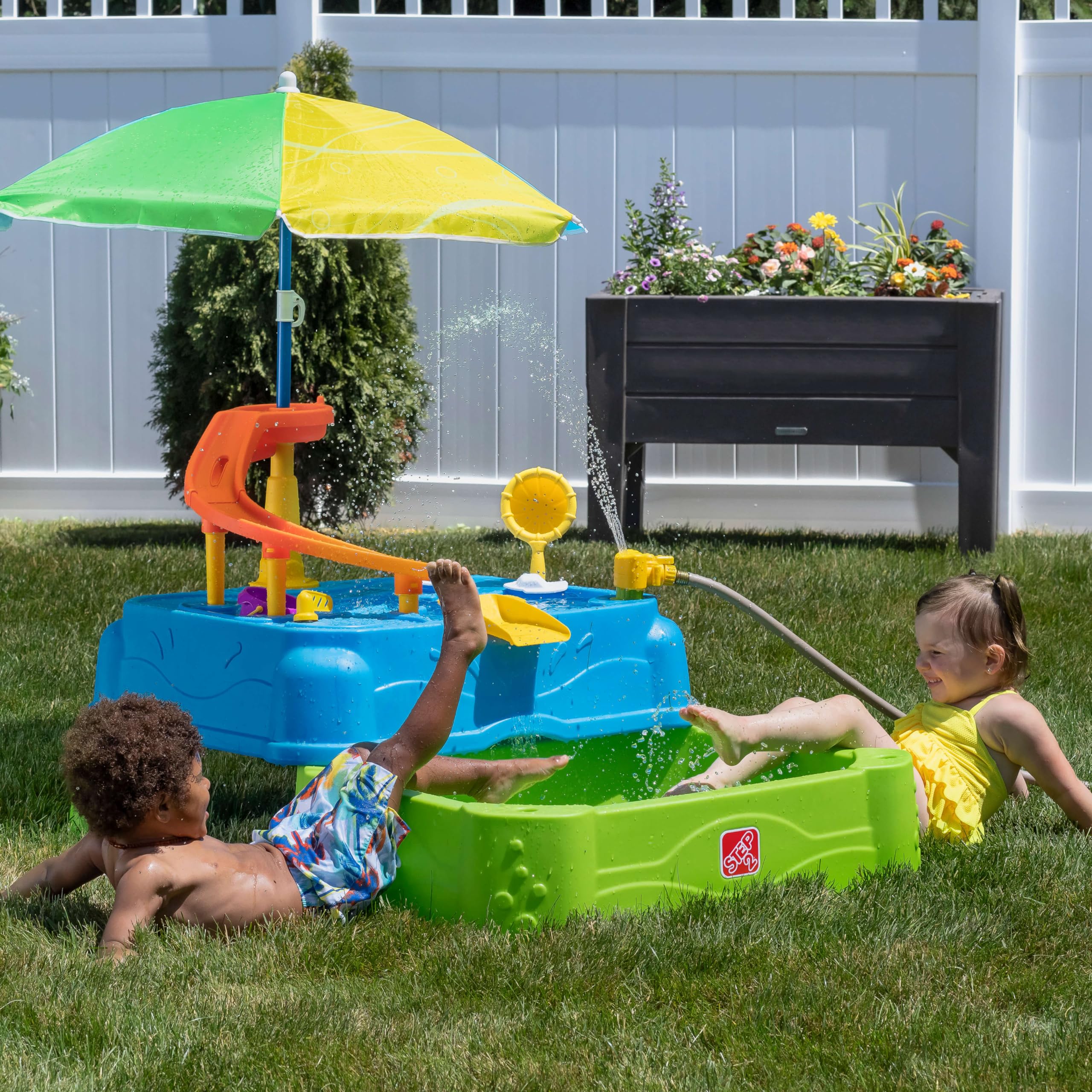 Step2 Waterpark Wonders Two-Tier Water Table, Kids Water Activity Sensory Playset, Comes with Umbrella, Summer Outdoor Toys, 11 Piece Water Toy Accessories, for Toddlers 1.5+ Years Old
