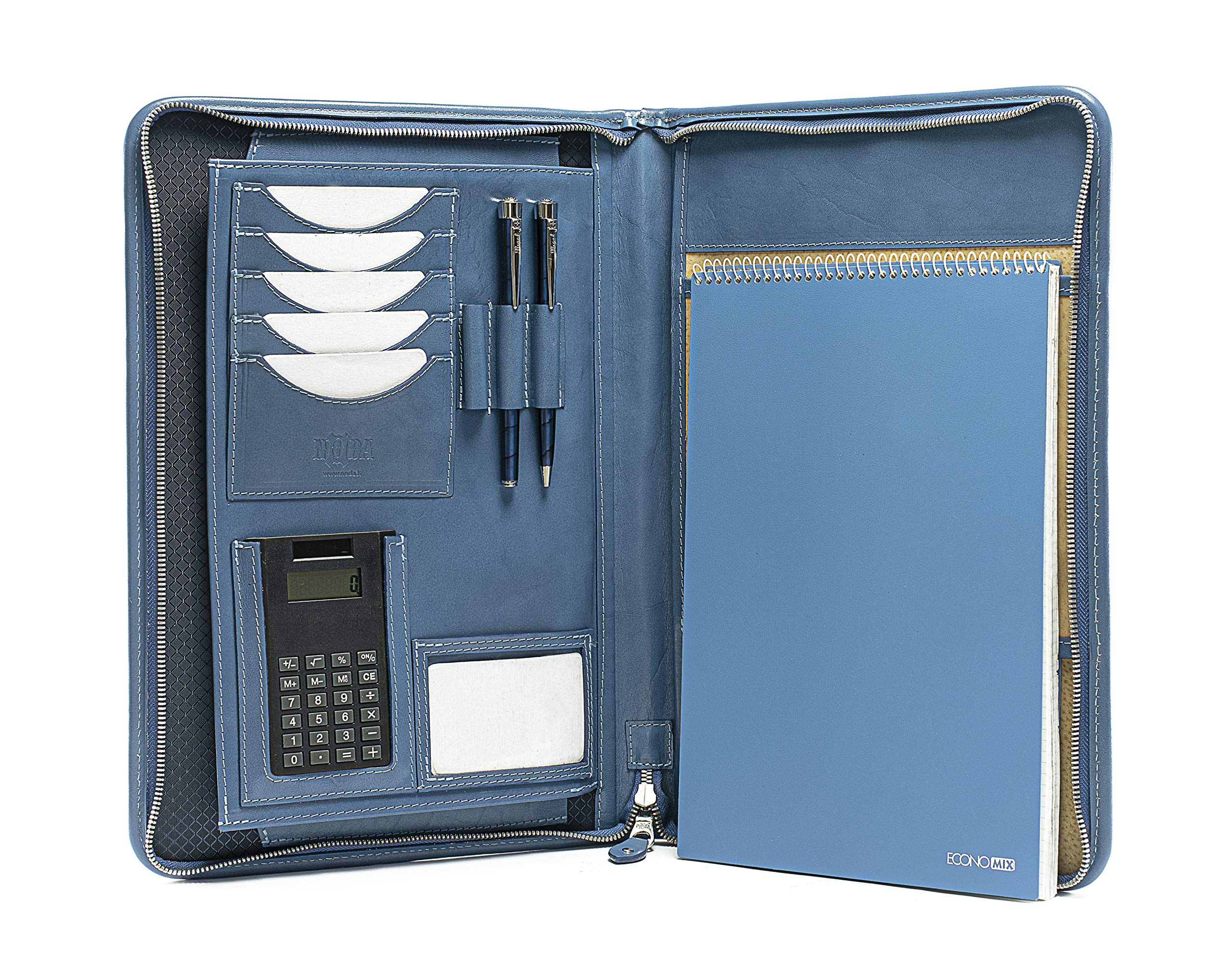 Noda Leather Portfolio a4, Document Holder, Conference Folder with Calculator (Lightblue)