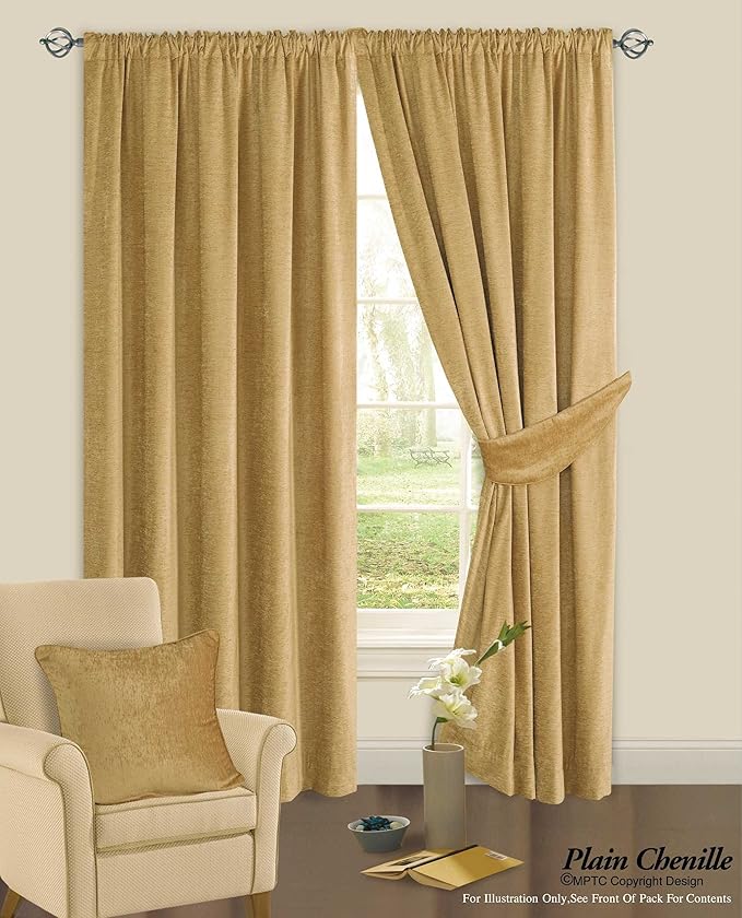 138" x 72" Plain Latte/Gold Chenille Heavy Thermal Fully Lined Pleated