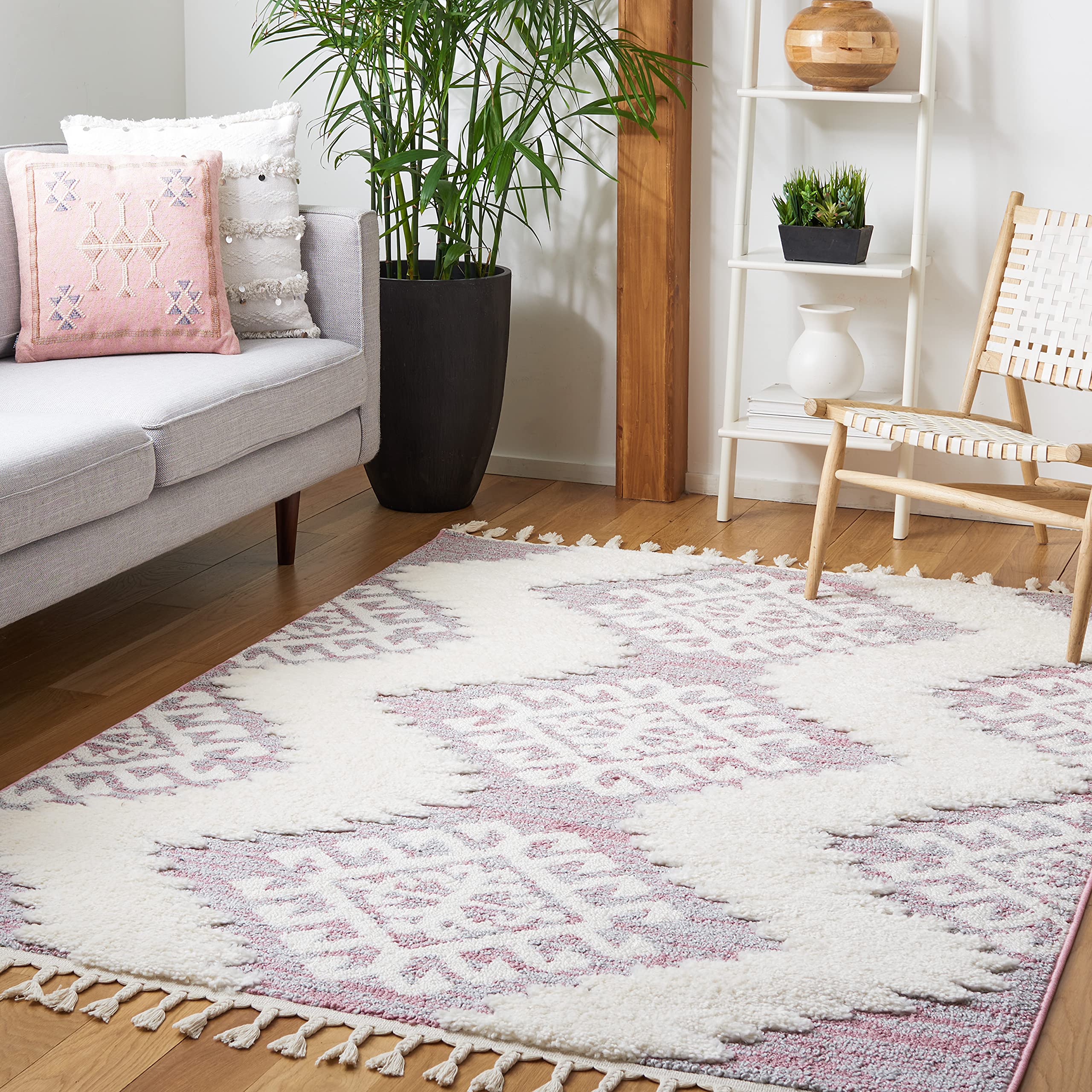 SAFAVIEH Moroccan Tassel Shag Collection Area Rug - 6'7" Square, Pink & Ivory, Rustic Trellis, Non-Shedding & Easy Care, 2-inch Thick Ideal for High Traffic Areas in Living Room, Bedroom (MTS652U) Image