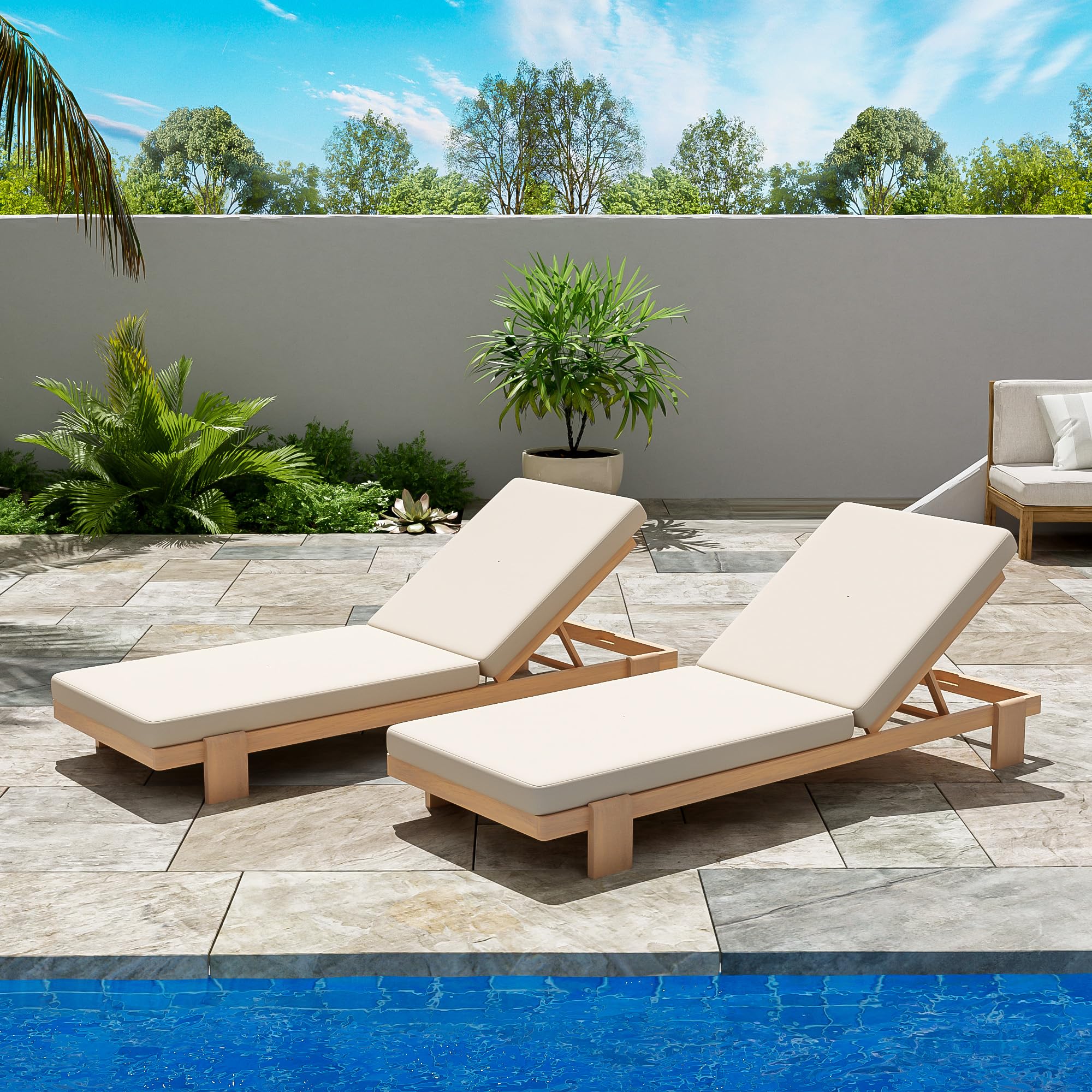 Photo 1 of Christopher Knight Home Duska Acacia Wood Chaise Lounge Chair Set of 2, Patio Outdoor Chaise Lounge with Cushions, Adjustable Backrest Single Lounge Sofa, Garden Poolside Backyard Seating, Teak+Beige