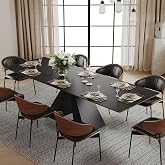 FHKJ 63"-95" Extendable Dining Table for 6/8/10, Gray Sintered Stone Top | Expandable Modern Dining Room Table, Rectangular Kitchen Table, Black Carbon Steel Base, Stain&amp;Scratch Resistant, Family Meal