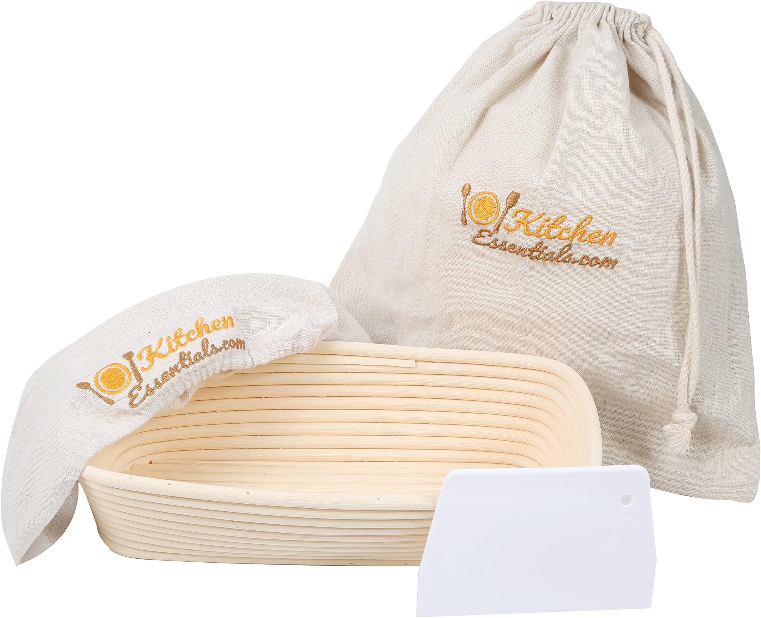 4-In-1 Oval Bread Proofing Basket Set – 12 inch Banneton Proofing Basket + Liner + Scraper + Linen Bag – Rectangle Brotform Proofer Bowl for Artisan Bread, Sourdough, Loaves & Others