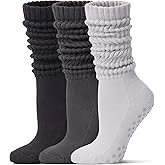 Toetally Pilates Socks with Grips for Women Long Slouch Non-Slip Yoga Barre Cushioned Workout Scrunch Socks 3 Pairs