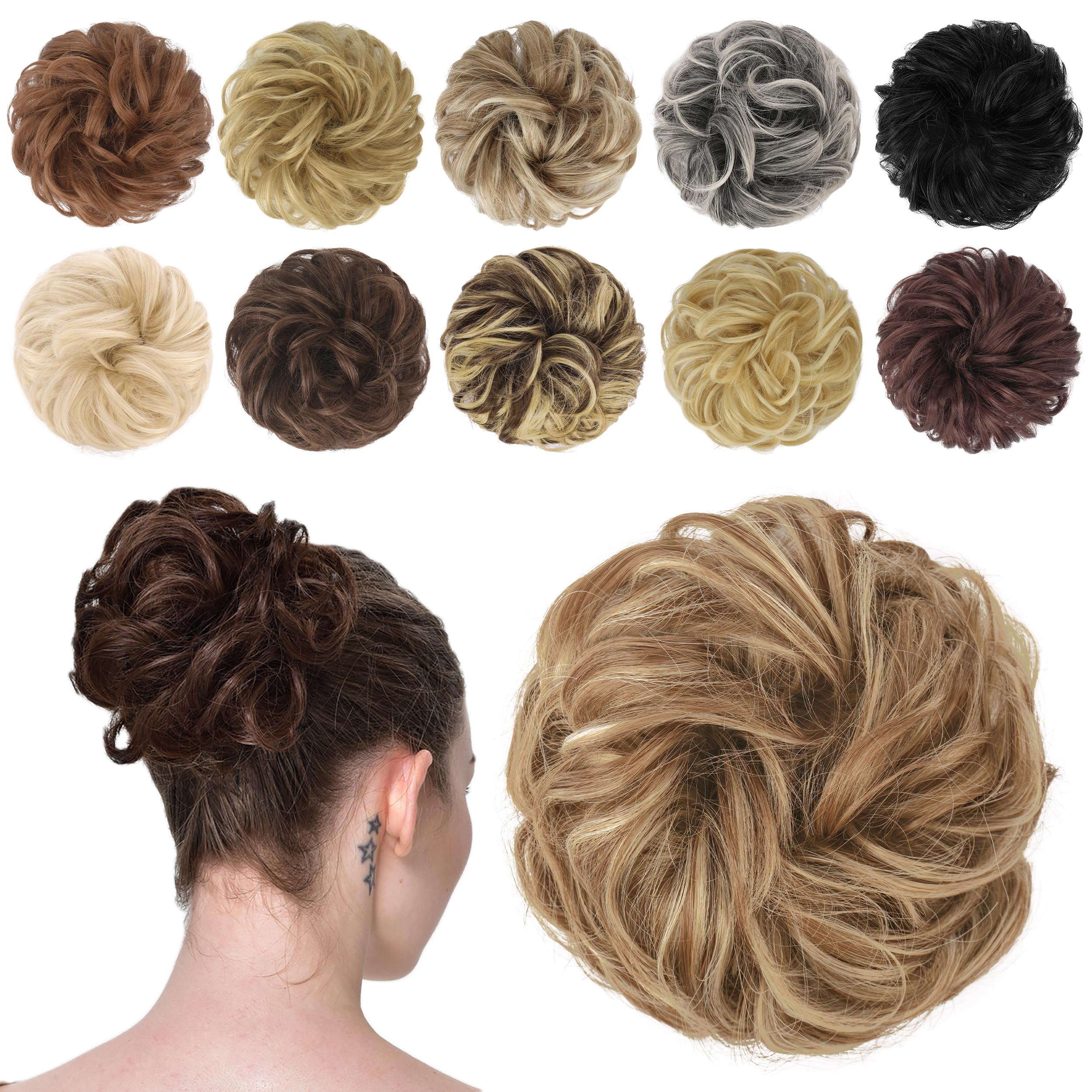 Photo 1 of FESHFEN Messy Bun Hair Piece - Wavy Synthetic Chignon Scrunchies for Instant Volume, Elastic Bun Ponytail Hair Extensions Thick Hairpieces for Women, Light Brown & Mixed Blonde 1.50 oz
