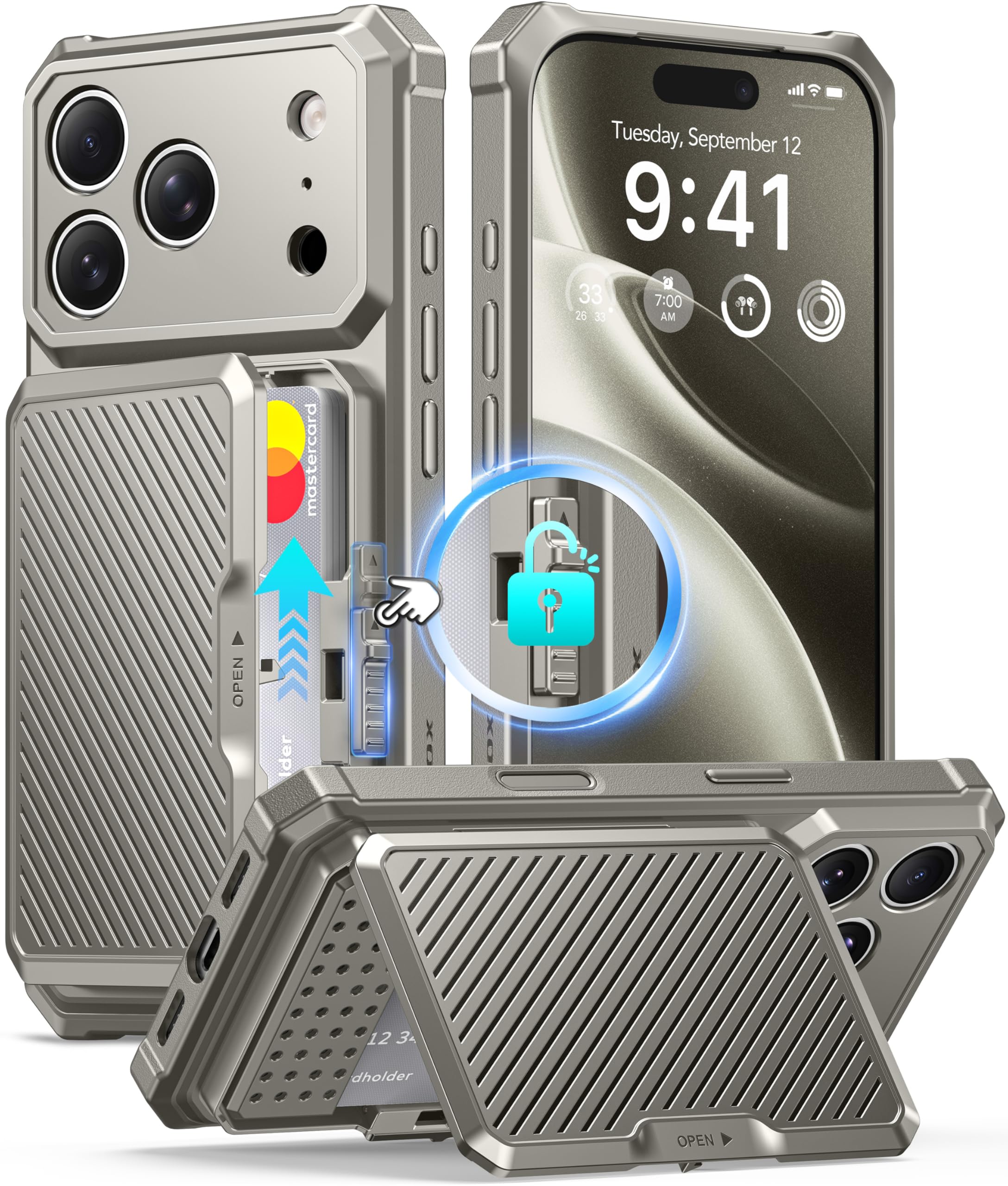 GolbinBox for iPhone 17 Pro Case with Card Holder and RFID Protection, [Built-in Safety Lock][Holds 4-5 Cards & Cash][Camera Control Button], Rugged Card Slot Wallet Case for 17 Pro 6.3'',Pearl Silver