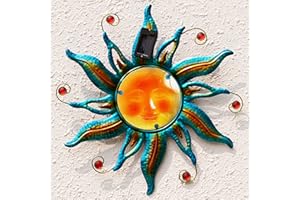 Fashionoda 18 "Solar Sun Face Wall Art - Metal Sun Sculpture with LED Lights & Smiling Face, Outdoor Wall Hanging Decorations (Blue)
