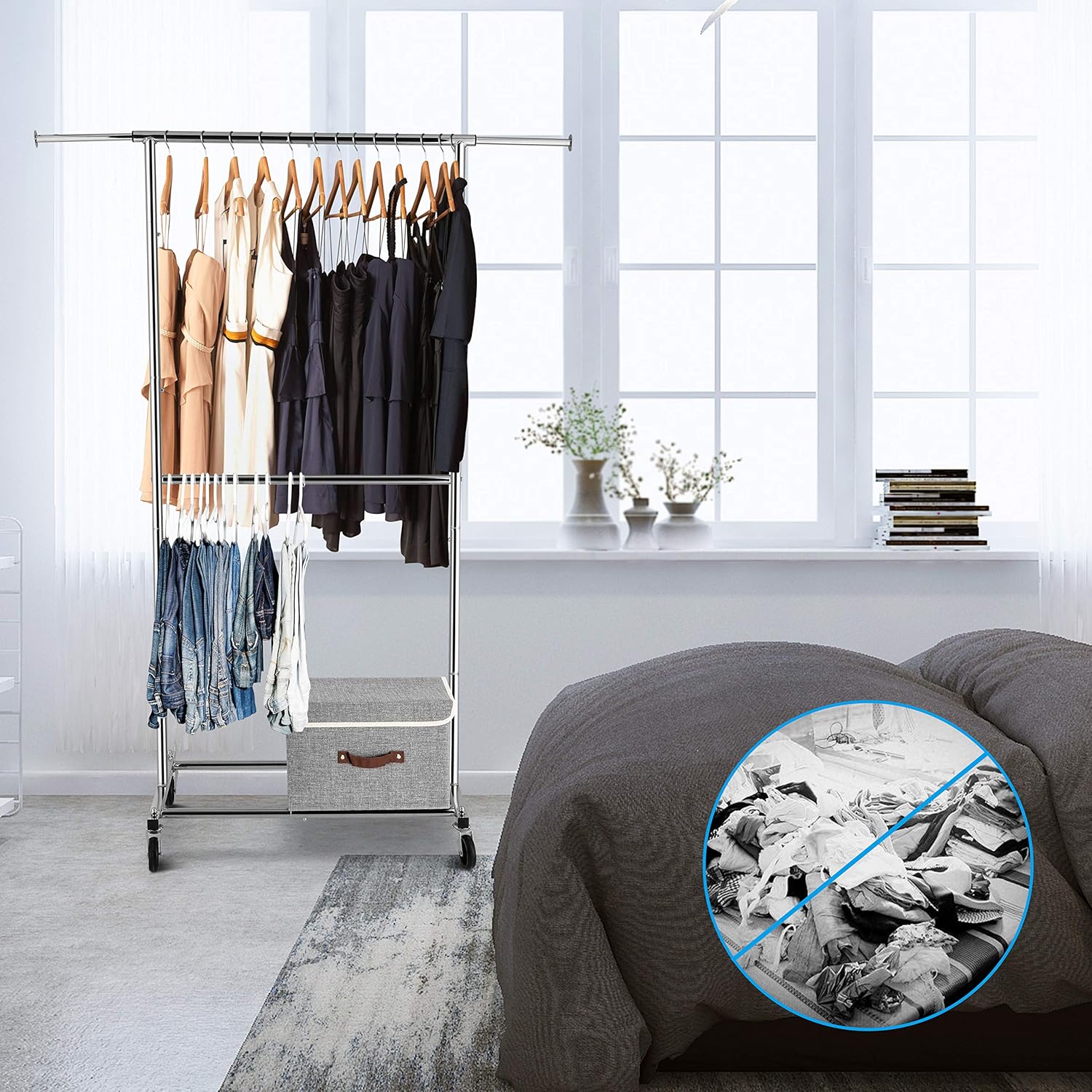 Simple Trending Double Rod Clothing Garment Rack, Rolling Clothes Organizer on Wheels for Hanging Clothes, Chrome: Home Improvement